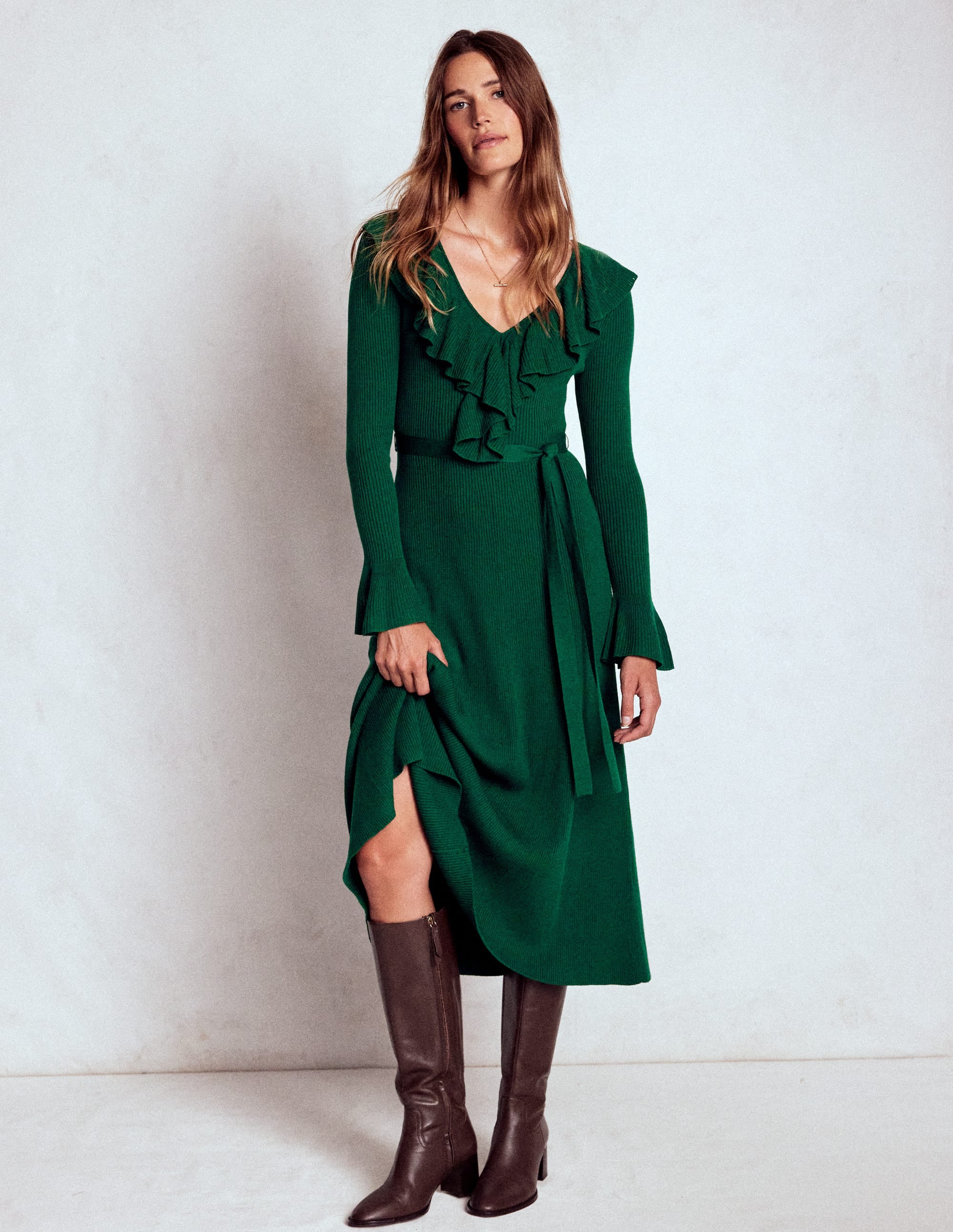 Look Ruffled Ruffled Ribbed Dress - Emerald Night | Boden UK