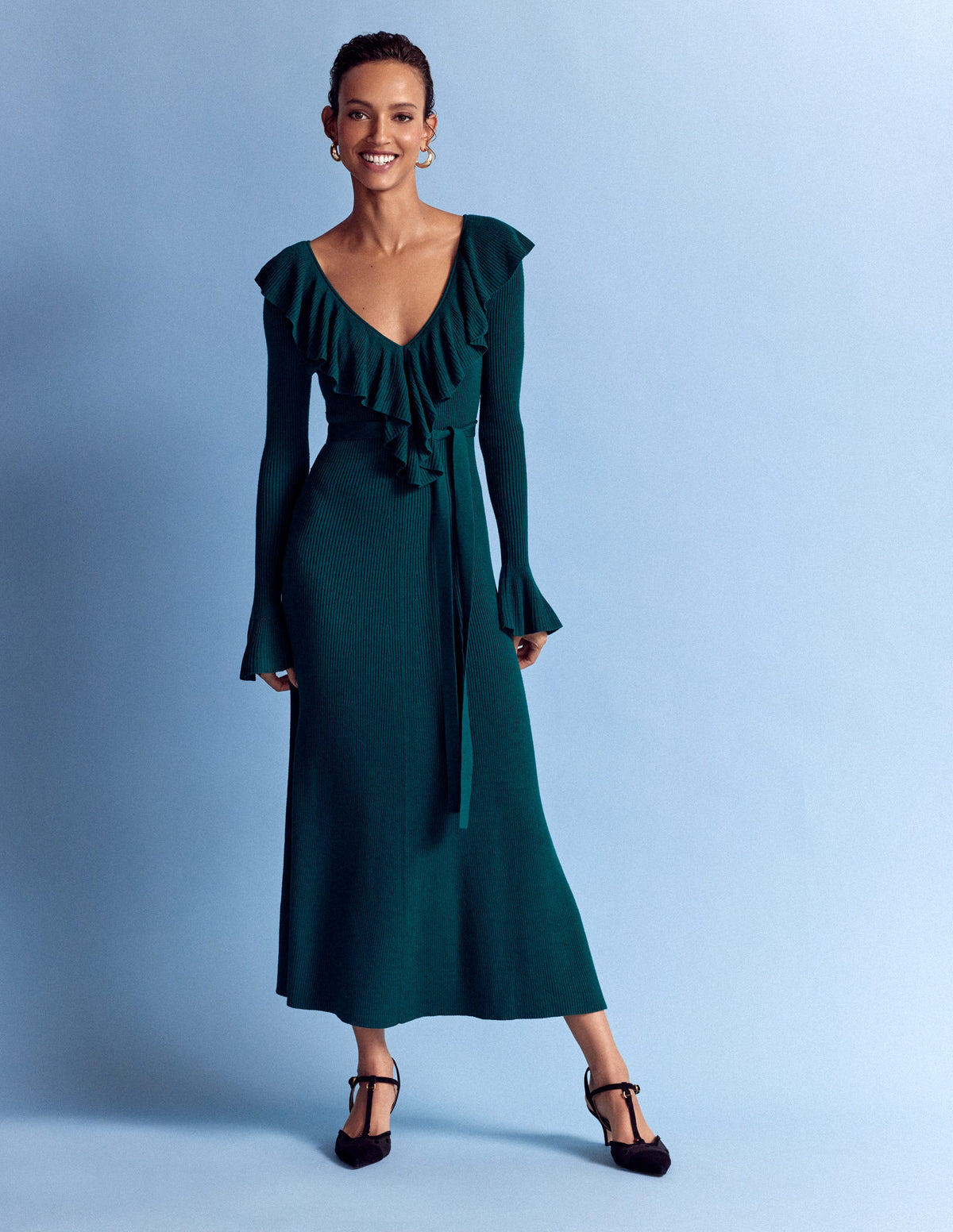 Look Ruffled Ruffled Ribbed Dress - Emerald Night | Boden AU