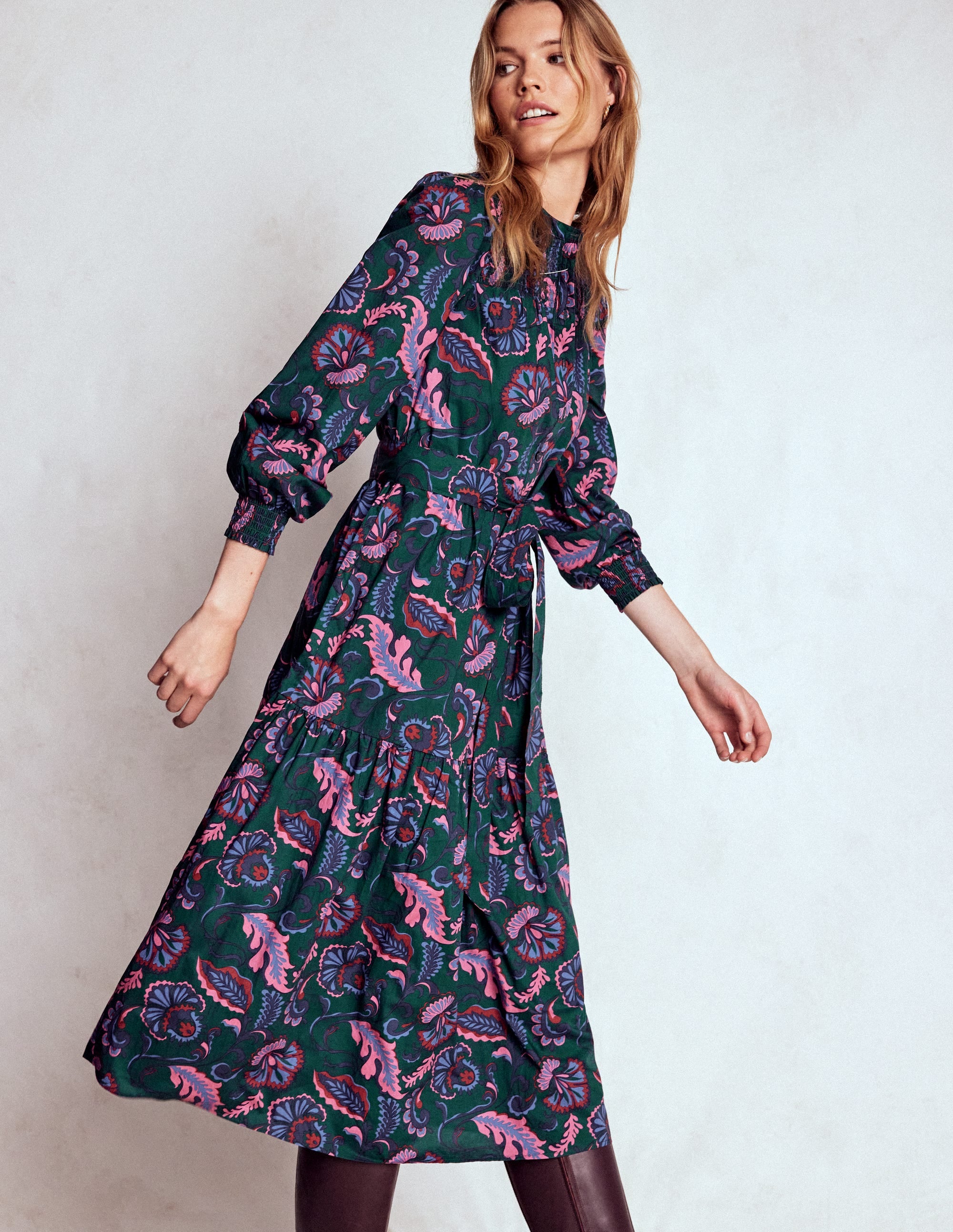 Cecily Cotton Midi Dress-Emerald Night, Ornate Meadow - Image 4