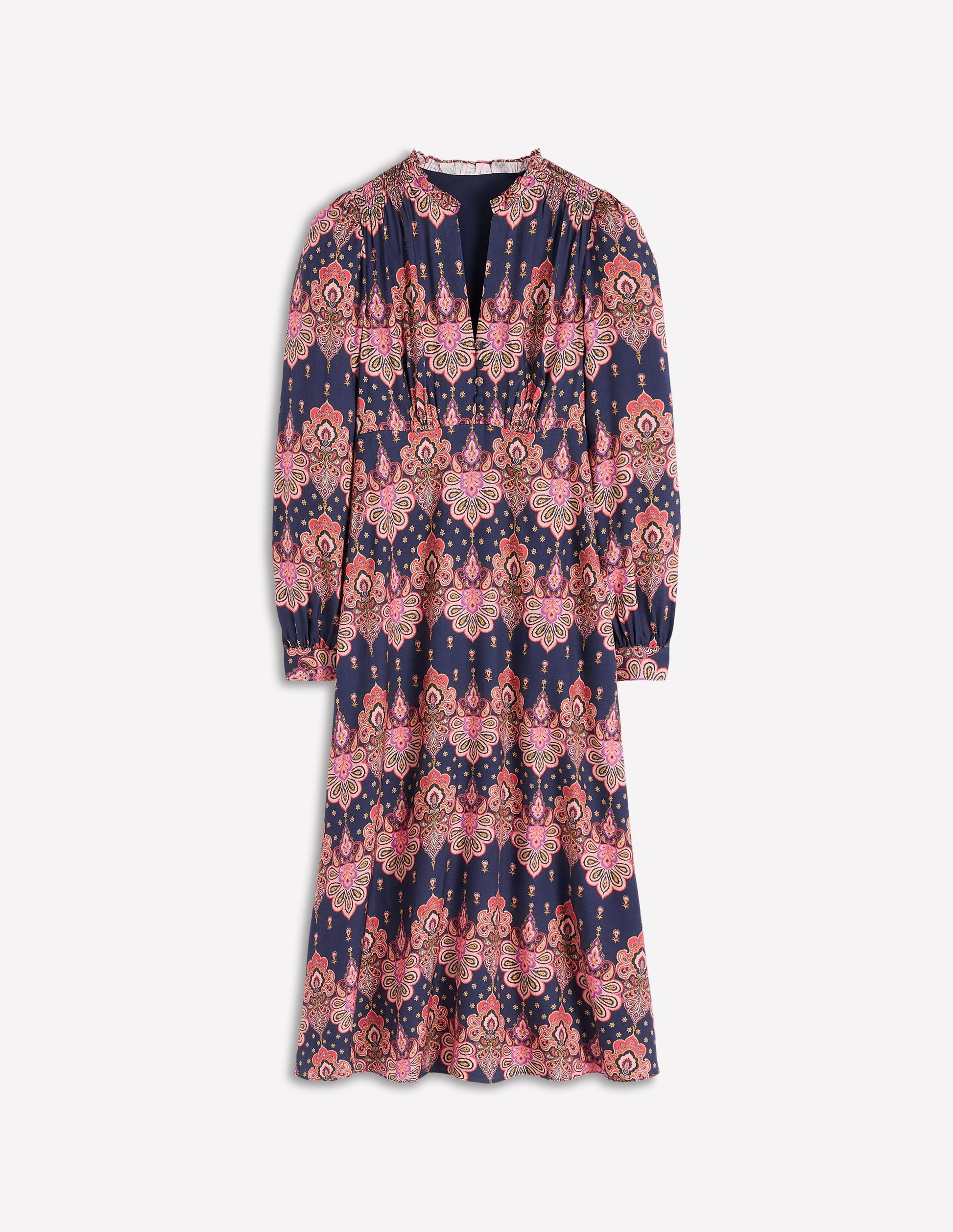 Cassie Smocked Tea Dress-Navy, Embellished Paisley-6