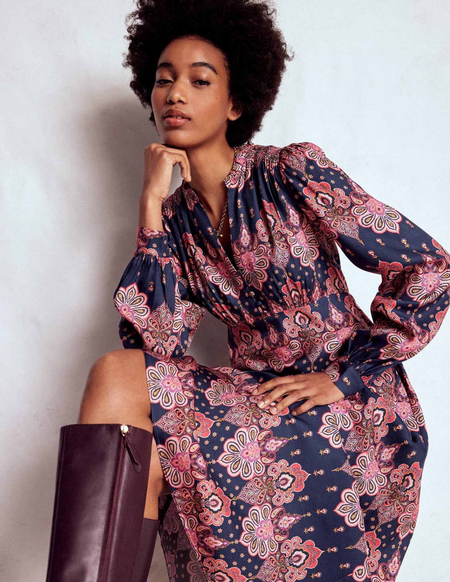 Cassie Smocked Tea Dress-Navy, Embellished Paisley
