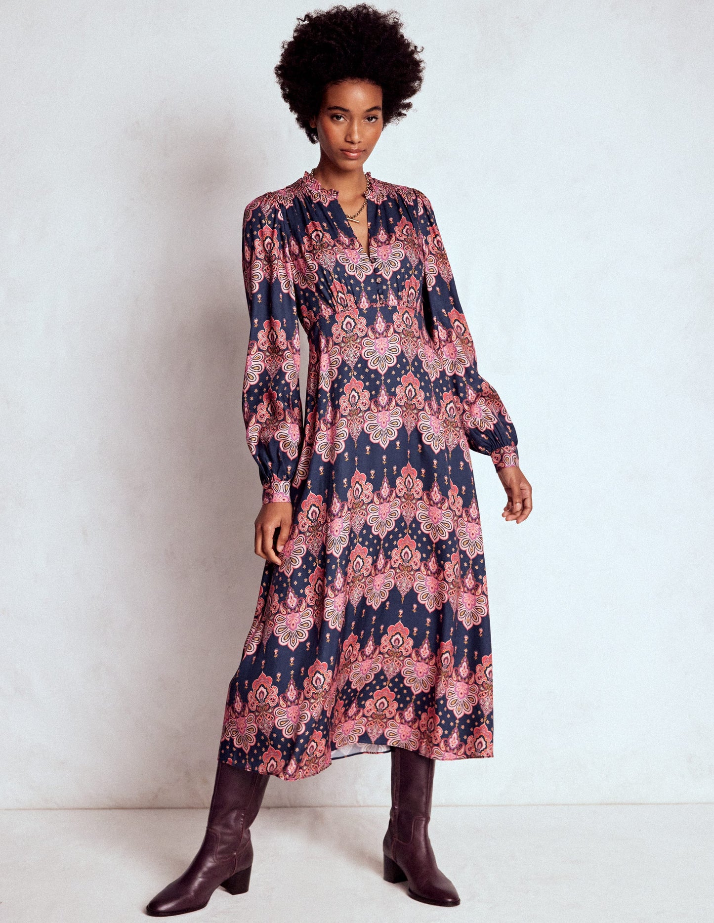 Cassie Smocked Tea Dress-Navy, Embellished Paisley