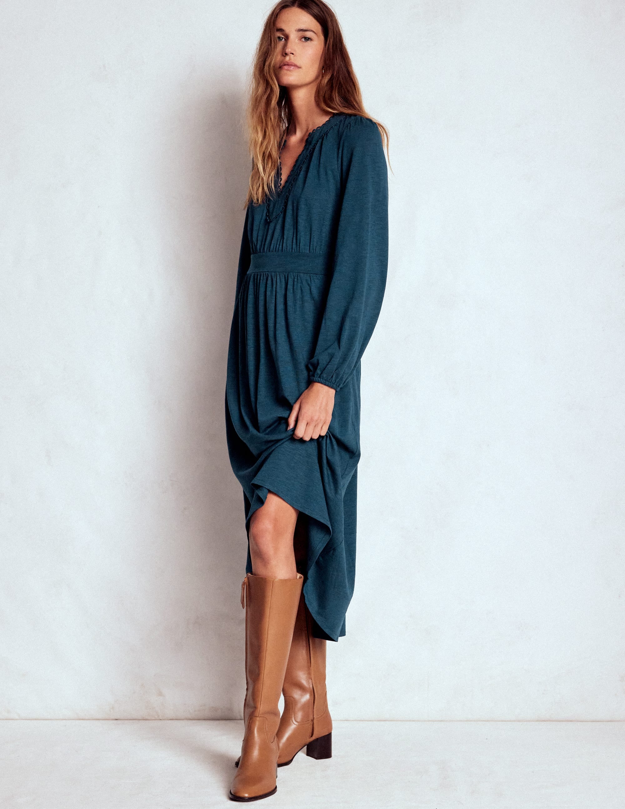 Maddie Picot Trim Midi Dress-Midnight Teal - Image 1