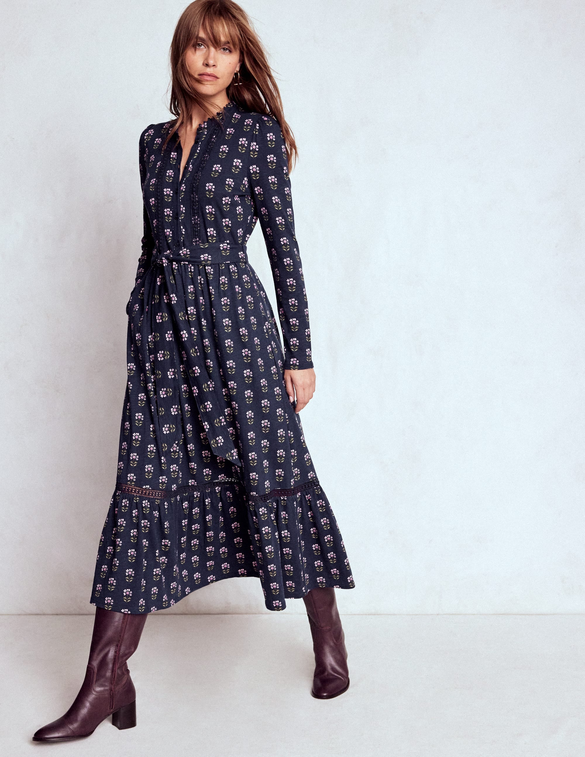 Edwina Jersey Shirt Dress-French Navy, Woodblock Flower - Image 1