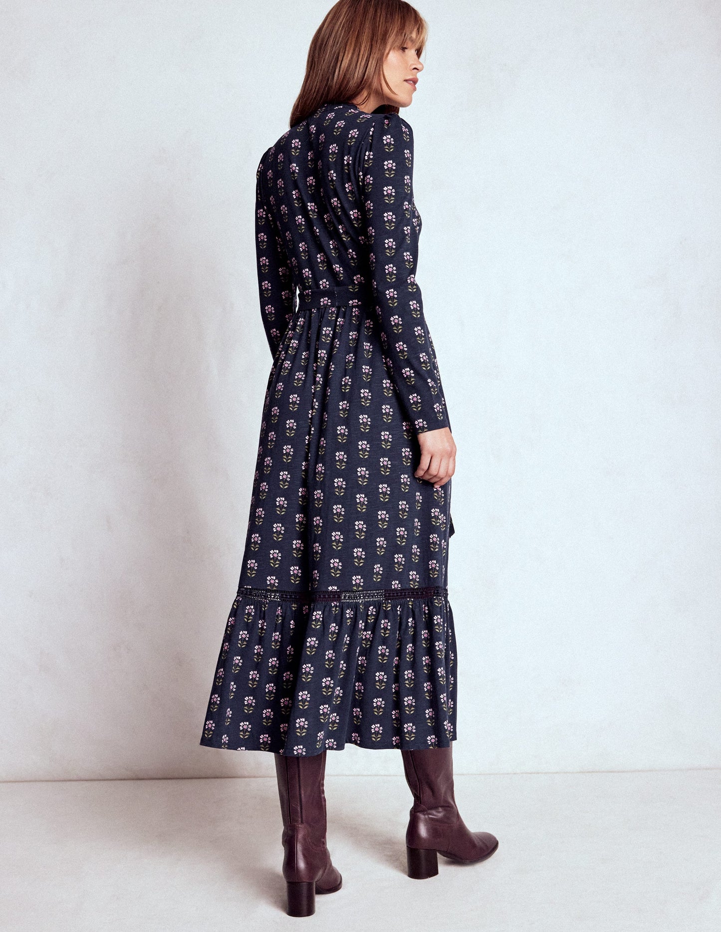 Edwina Jersey Shirt Dress-French Navy, Woodblock Flower