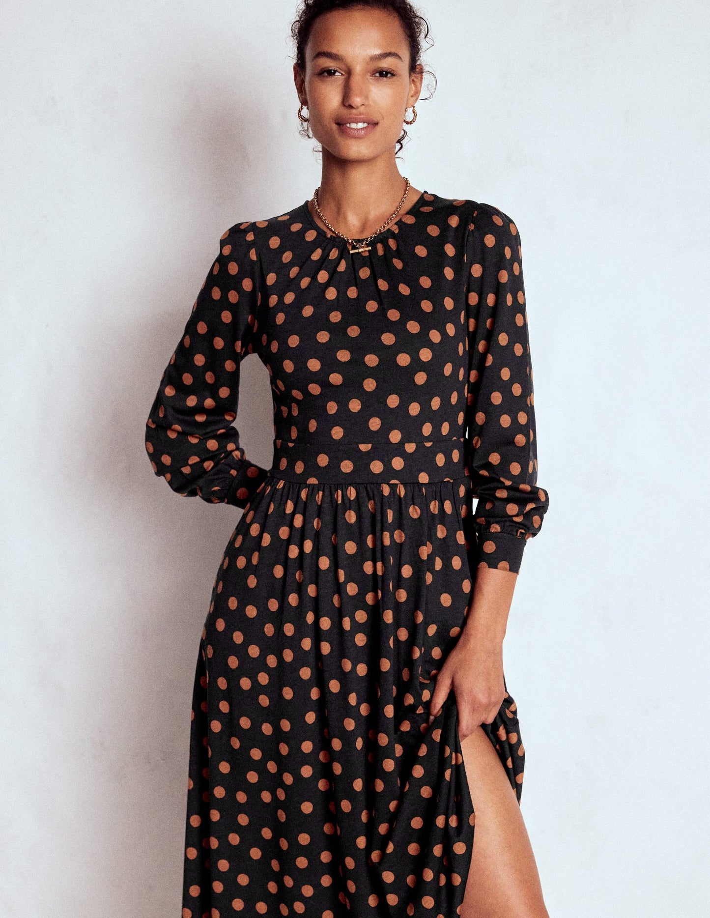 Alexandra Jersey Midi Dress-Black, Tortoise Shell Dot