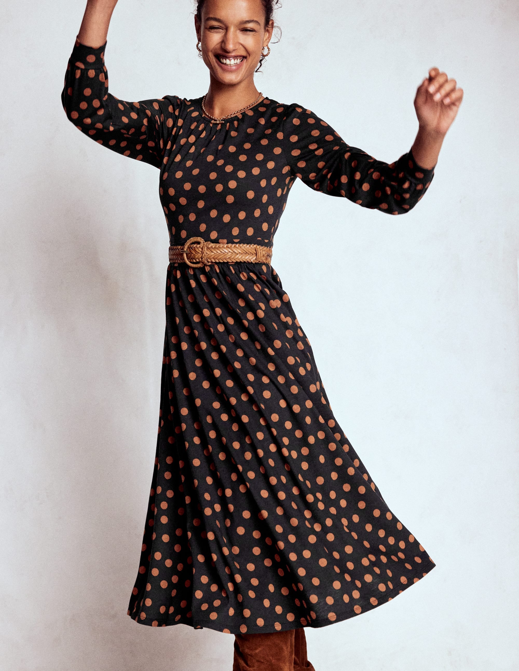 Alexandra Jersey Midi Dress-Black, Tortoise Shell Dot - Image 1