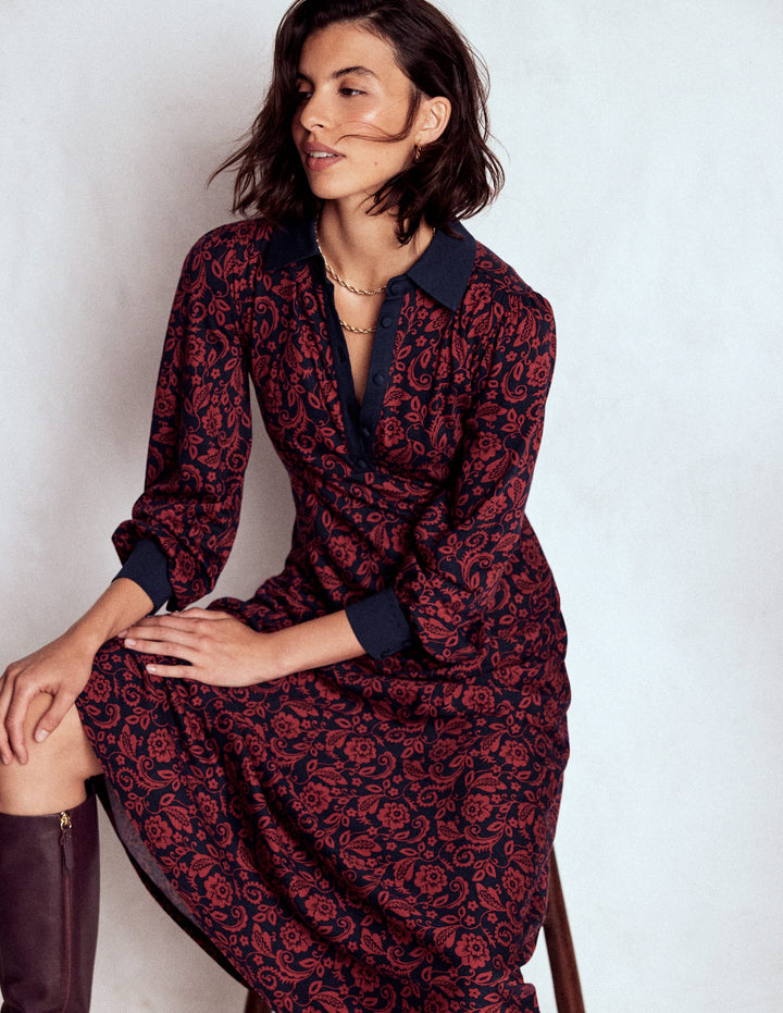 Empire Waistline Shirt Dress-Red, Ornate Flora