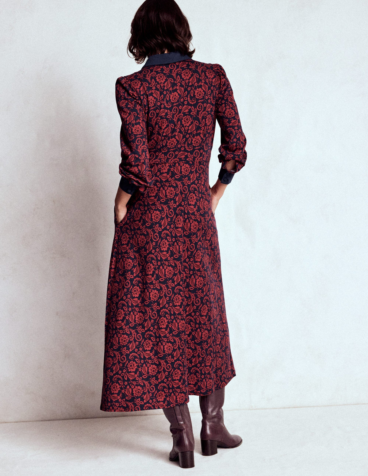 Empire Waistline Shirt Dress-Red, Ornate Flora - Image 3