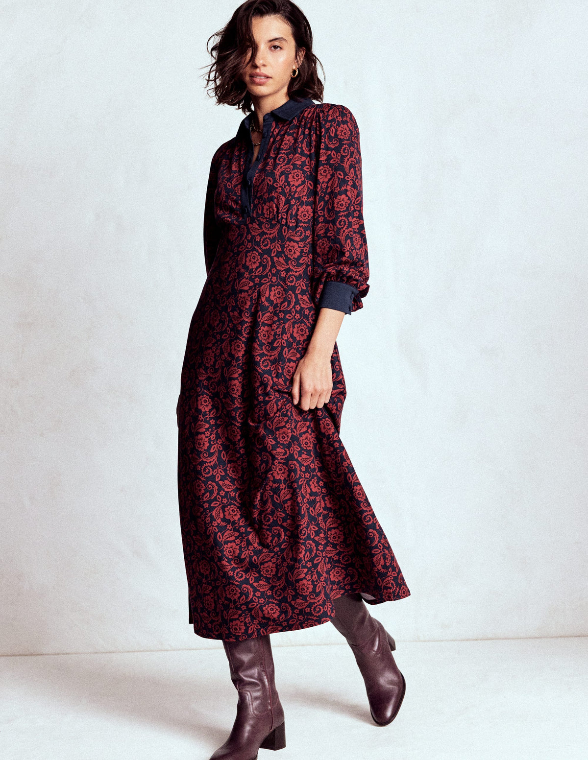 Empire Waistline Shirt Dress-Red, Ornate Flora - Image 4