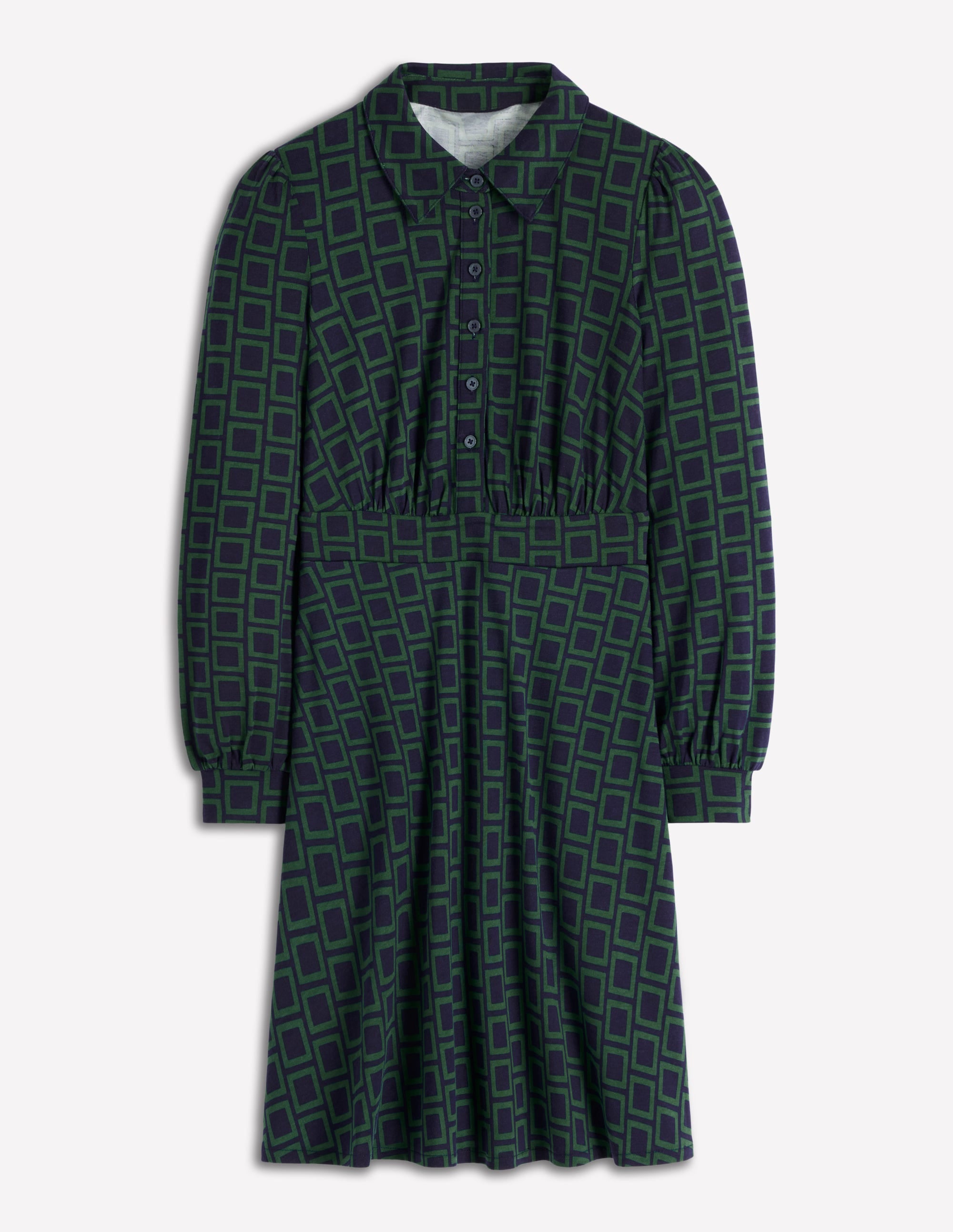 Orla Short Jersey Shirt Dress-Dark Green, Square Geometric - Image 6