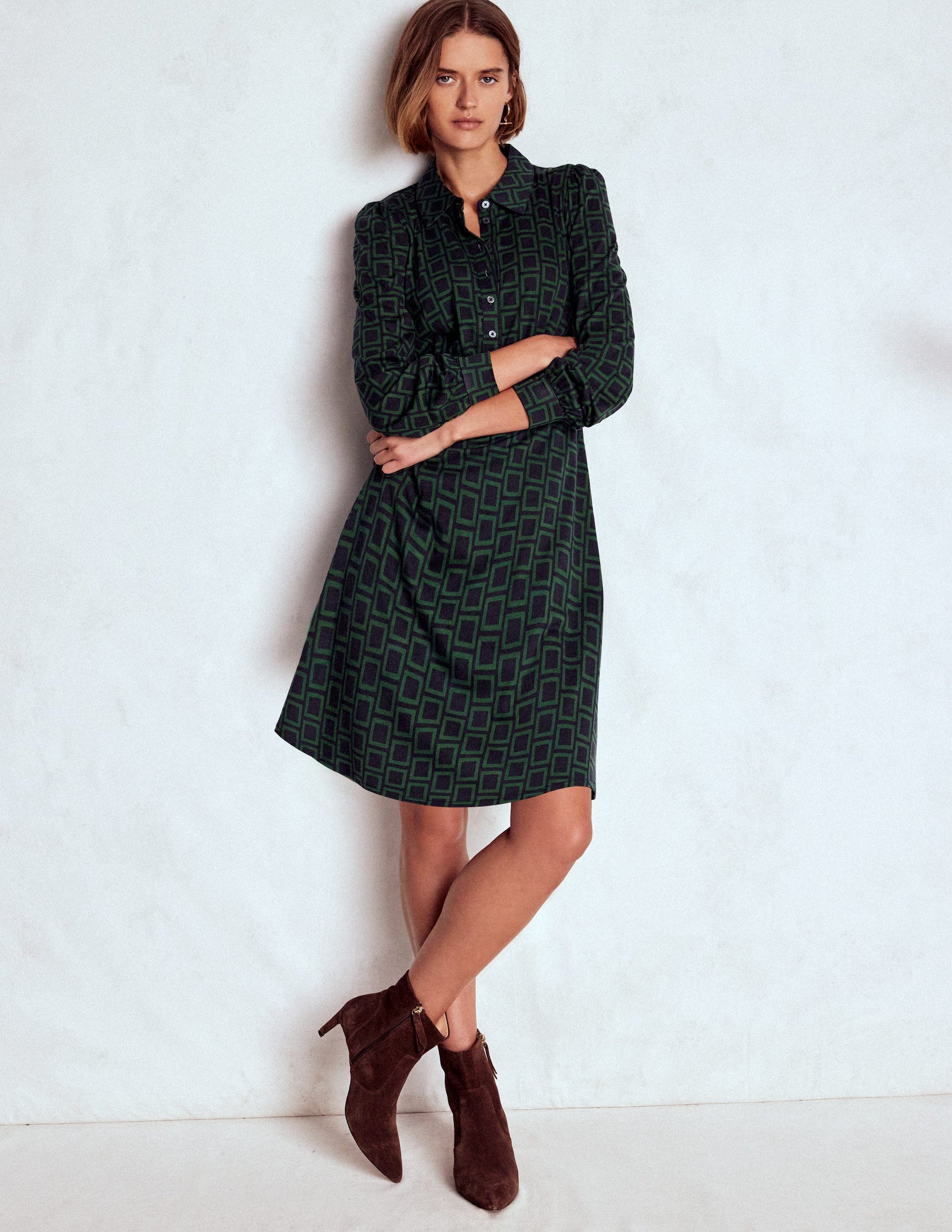 Orla Short Jersey Shirt Dress-Dark Green, Square Geometric-1