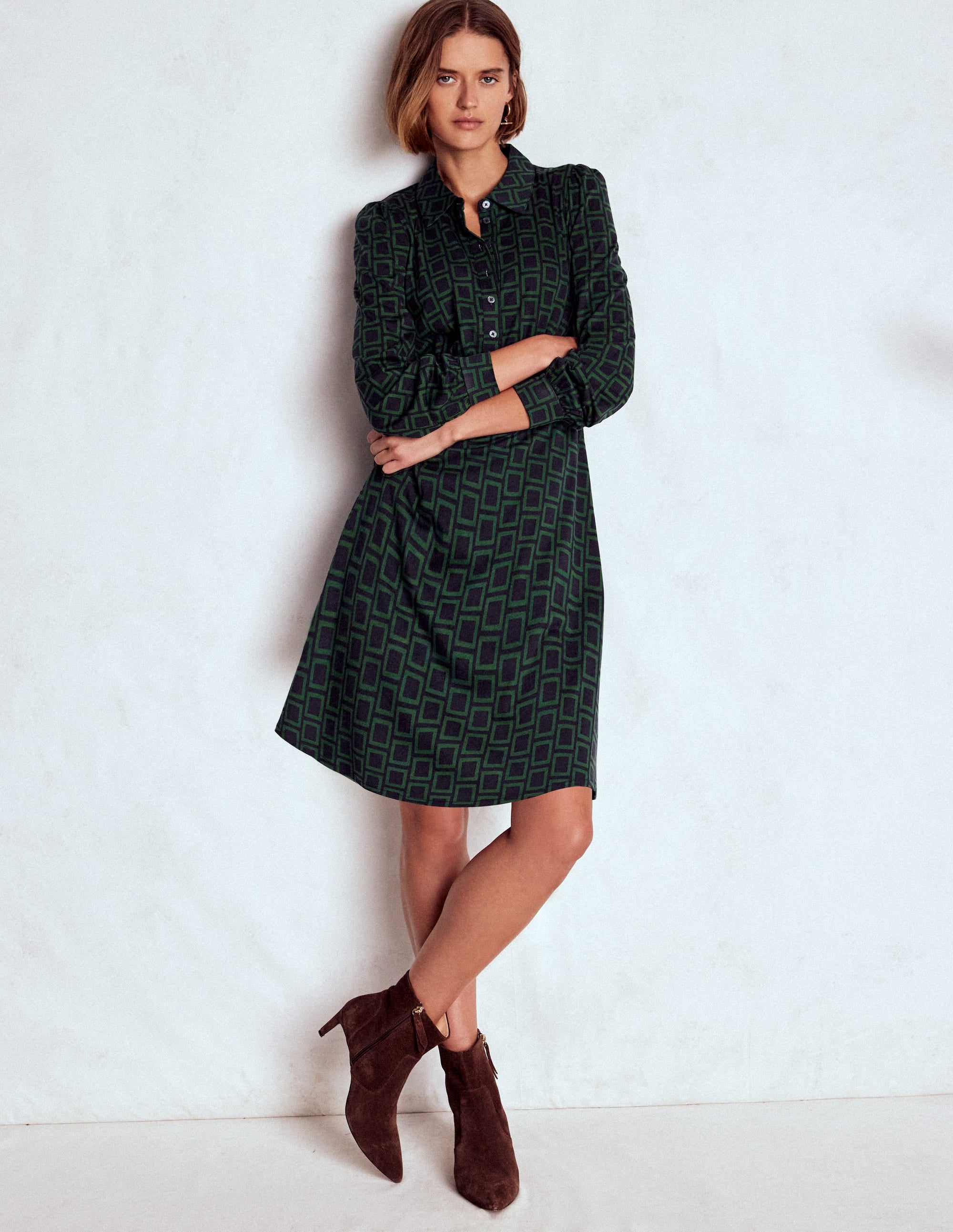 Orla Short Jersey Shirt Dress-Dark Green, Square Geometric - Image 1