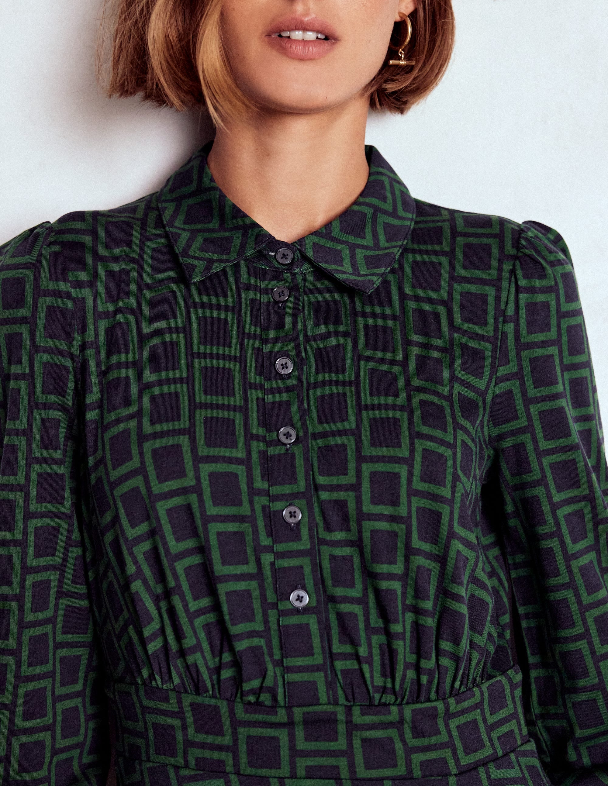 Orla Short Jersey Shirt Dress-Dark Green, Square Geometric - Image 2