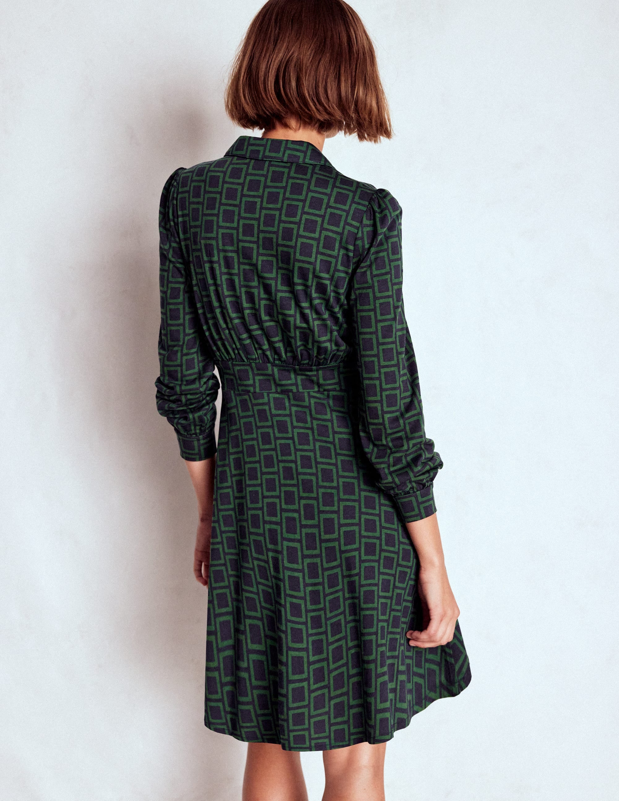 Orla Short Jersey Shirt Dress-Dark Green, Square Geometric - Image 3