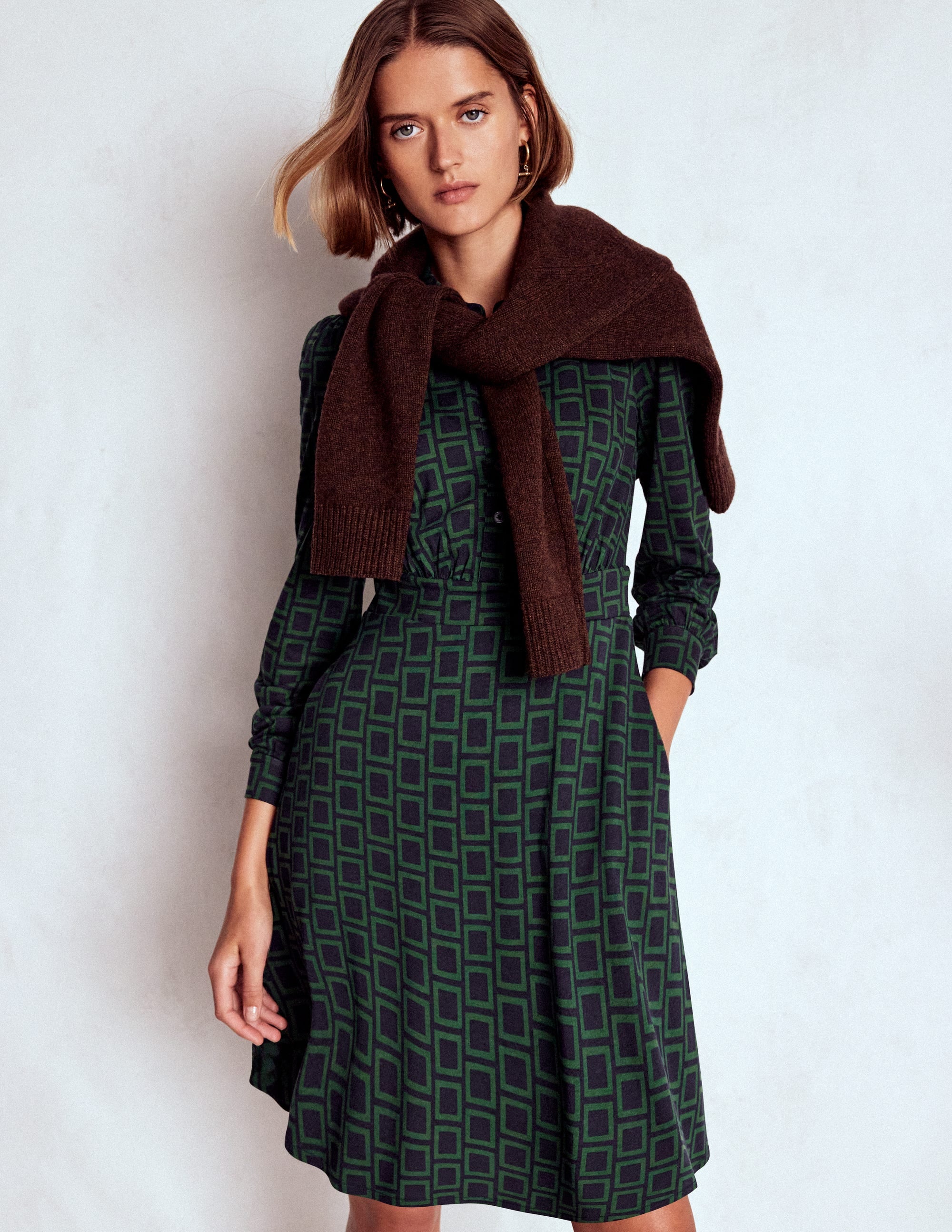 Orla Short Jersey Shirt Dress-Dark Green, Square Geometric - Image 4