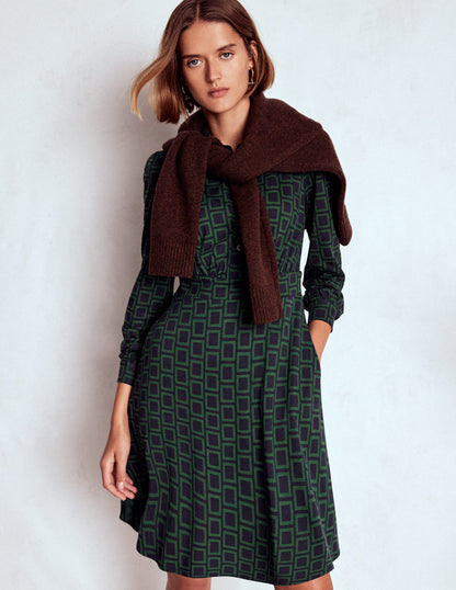 Orla Short Jersey Shirt Dress-Dark Green, Square Geometric-4