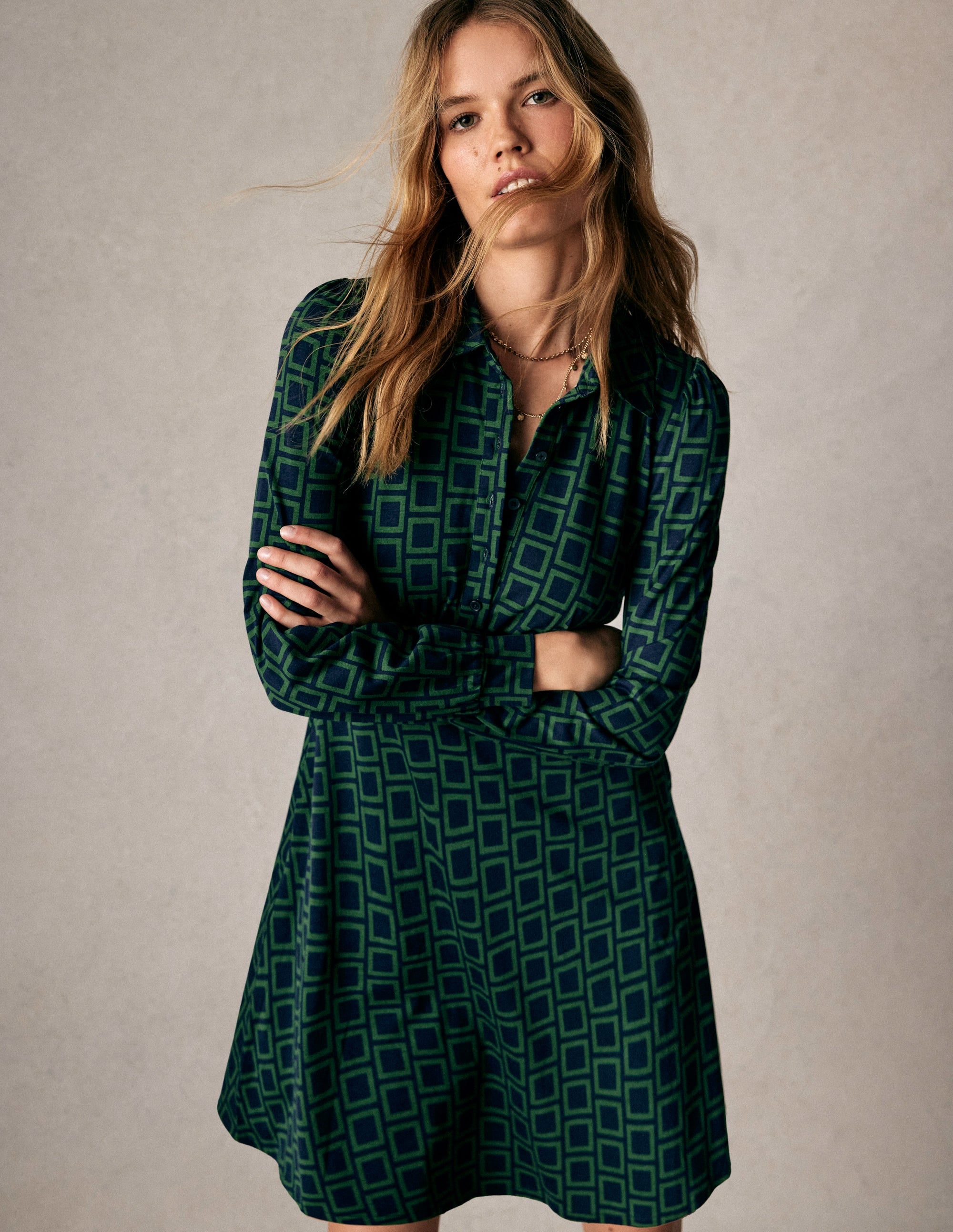 Orla Short Jersey Shirt Dress-Dark Green, Square Geometric - Image 5