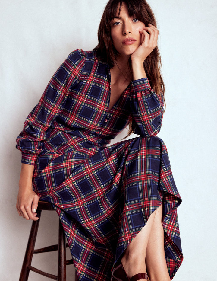 Cassie Check Tea Dress-Navy, Green and Red Check