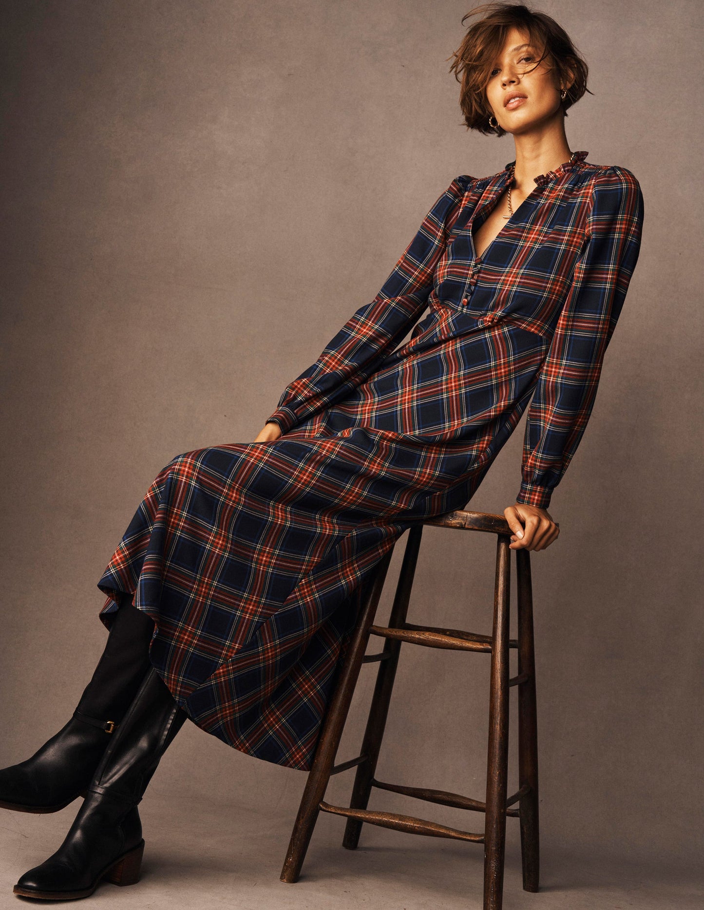 Cassie Check Tea Dress-Navy, Green and Red Check