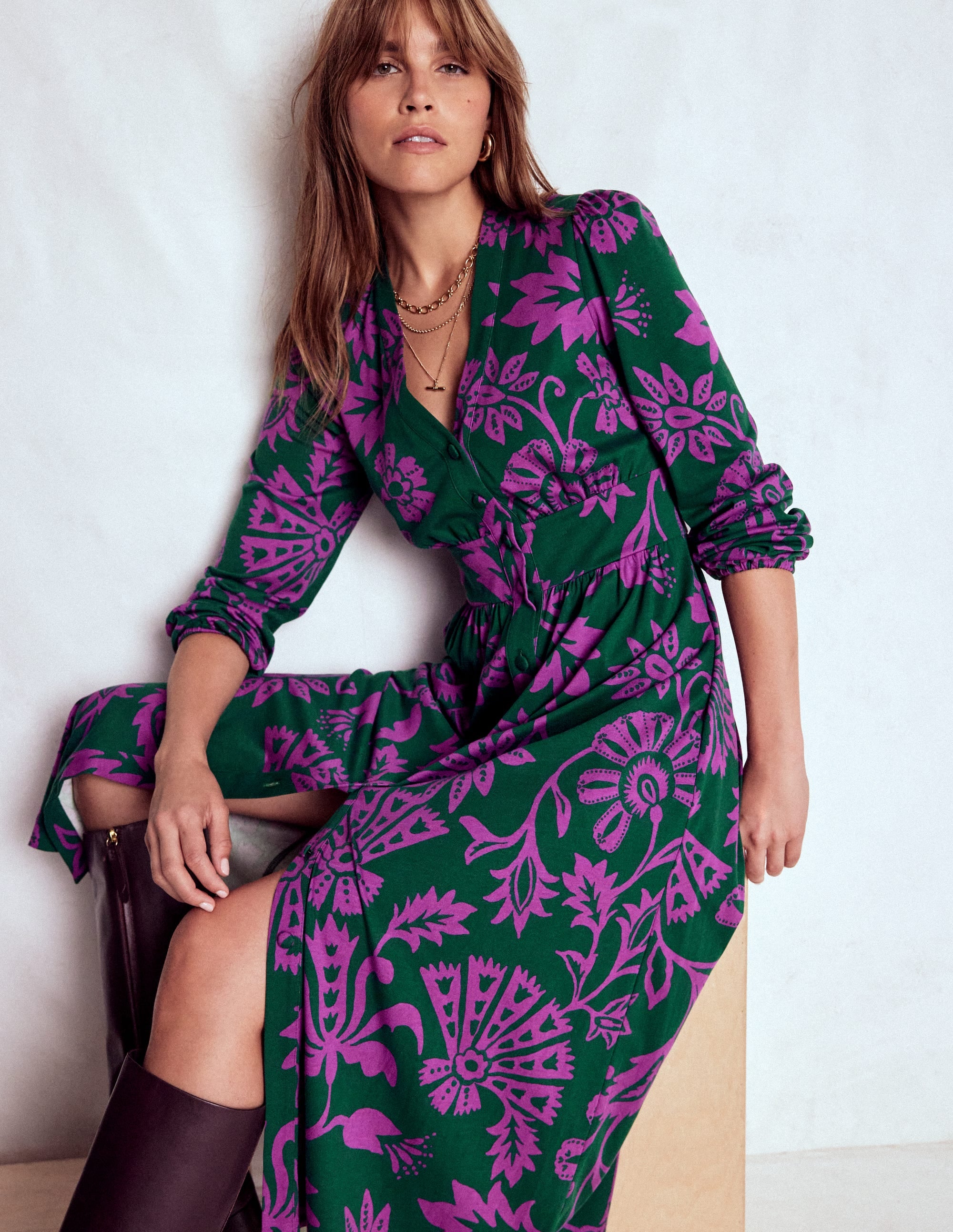 Natalia Long Sleeve Tea Dress-Emerald Night, Elaborate Vine - Image 1