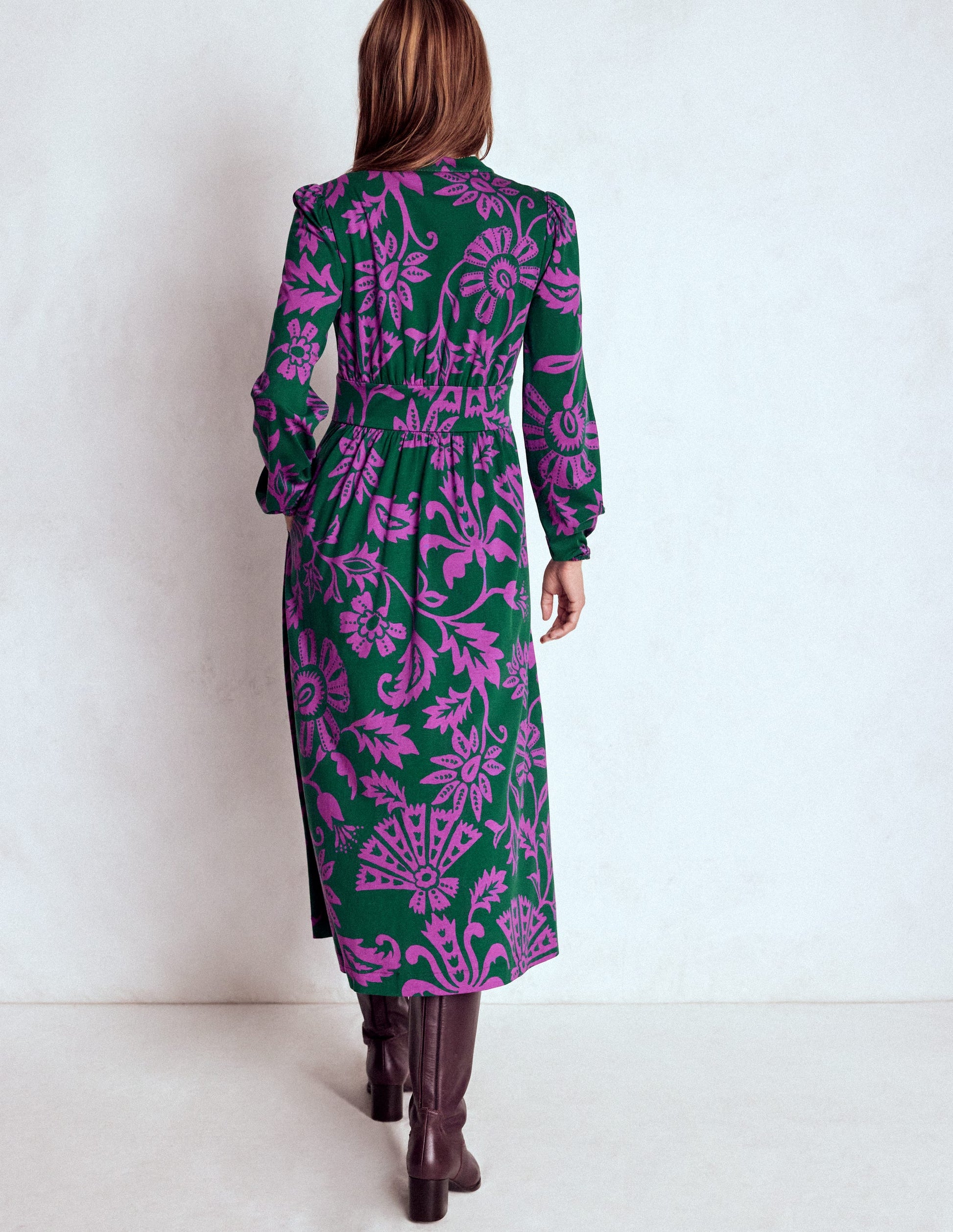 Natalia Long Sleeve Tea Dress-Emerald Night, Elaborate Vine-3