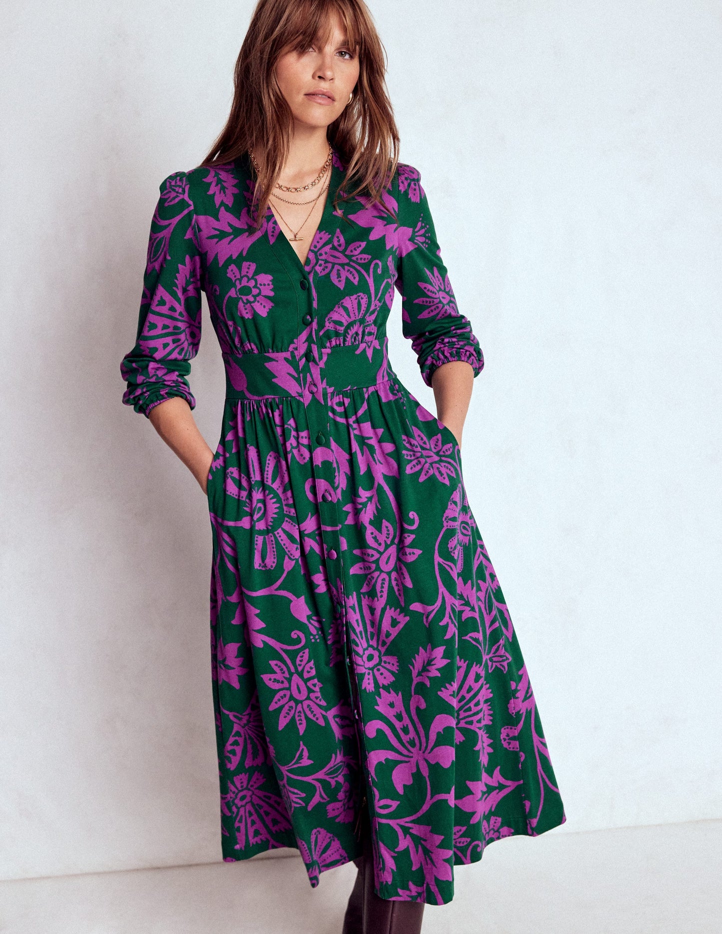 Natalia Long Sleeve Tea Dress-Emerald Night, Elaborate Vine