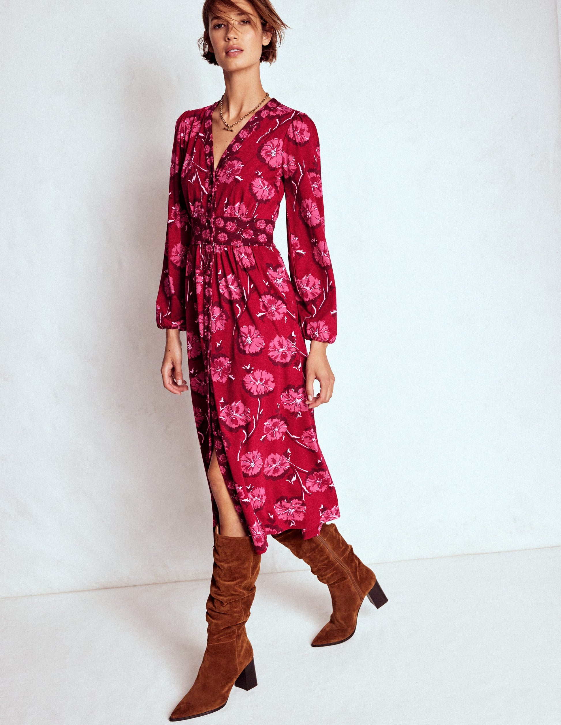 Natalia Long Sleeve Tea Dress-Red, Delicate Carnation-4