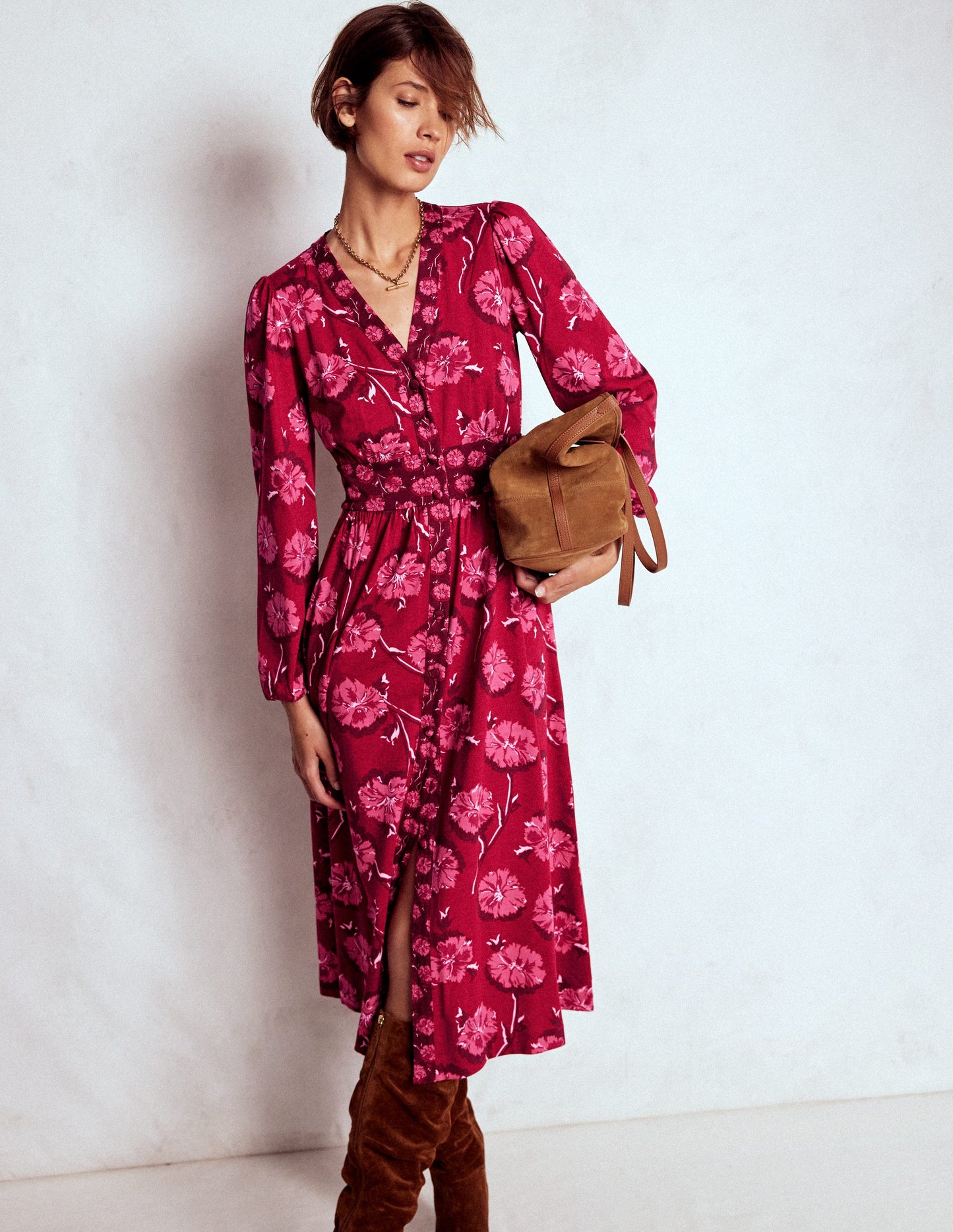 Natalia Long Sleeve Tea Dress-Red, Delicate Carnation