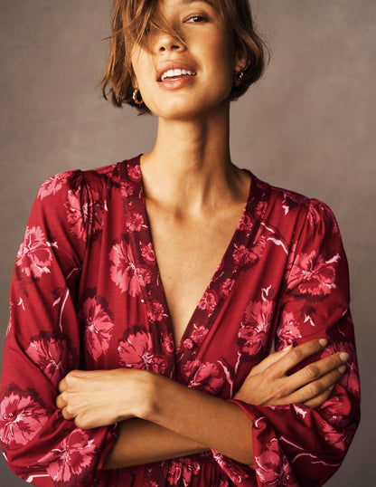 Natalia Long Sleeve Tea Dress-Red, Delicate Carnation-6