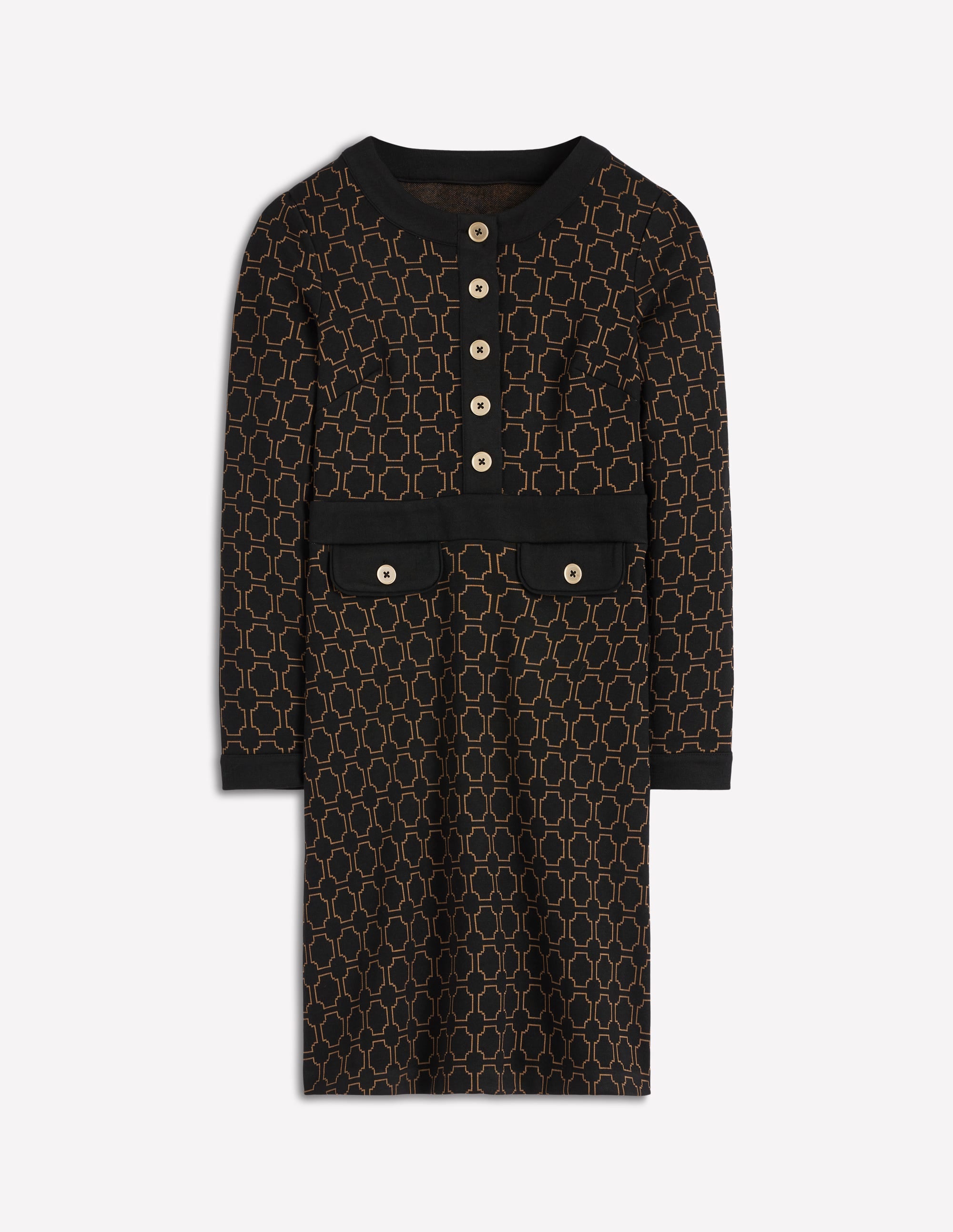 Lavinia Button Shift Dress-Black/Camel Jacquard - Image 6