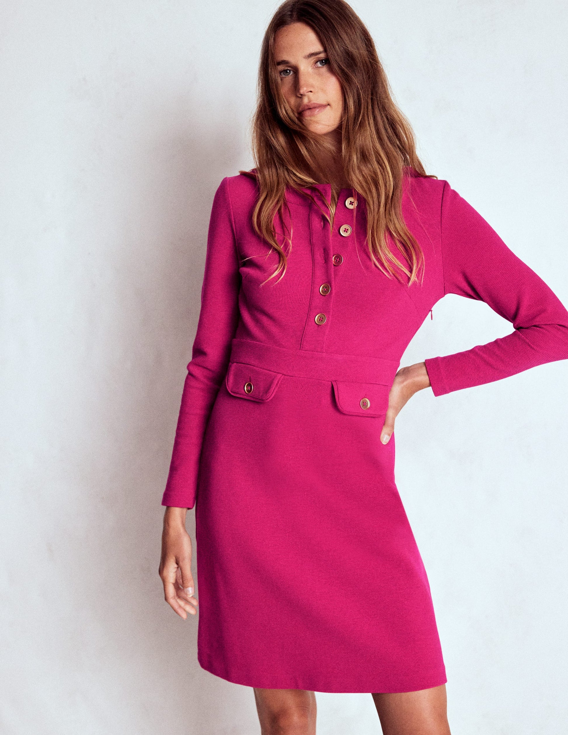 Lavinia Button Shift Dress-Vibrant Pink-1
