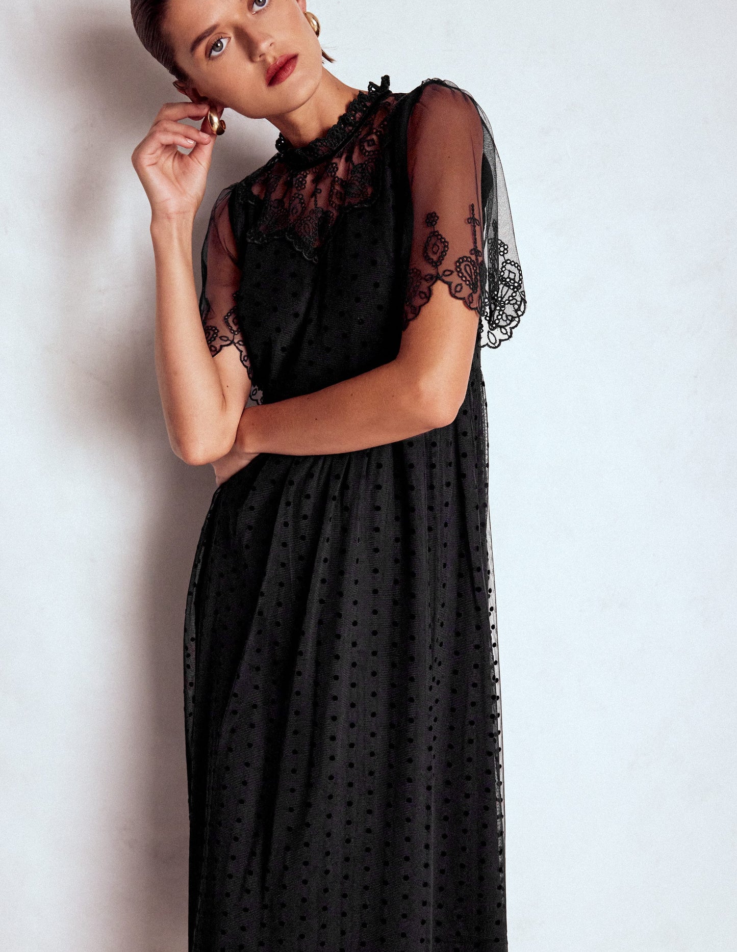 Embroidered Tulle Party Dress-Black