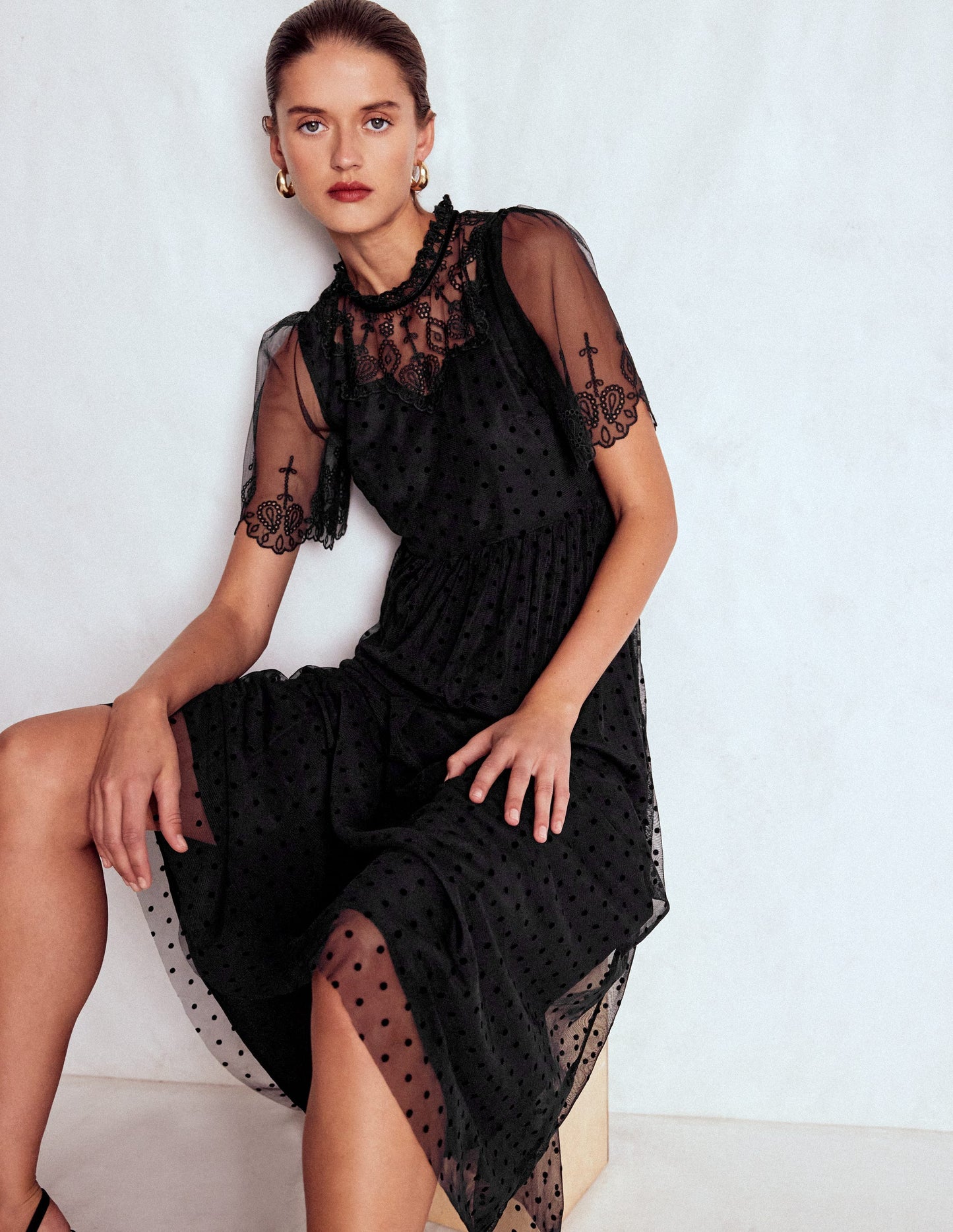 Embroidered Tulle Party Dress-Black
