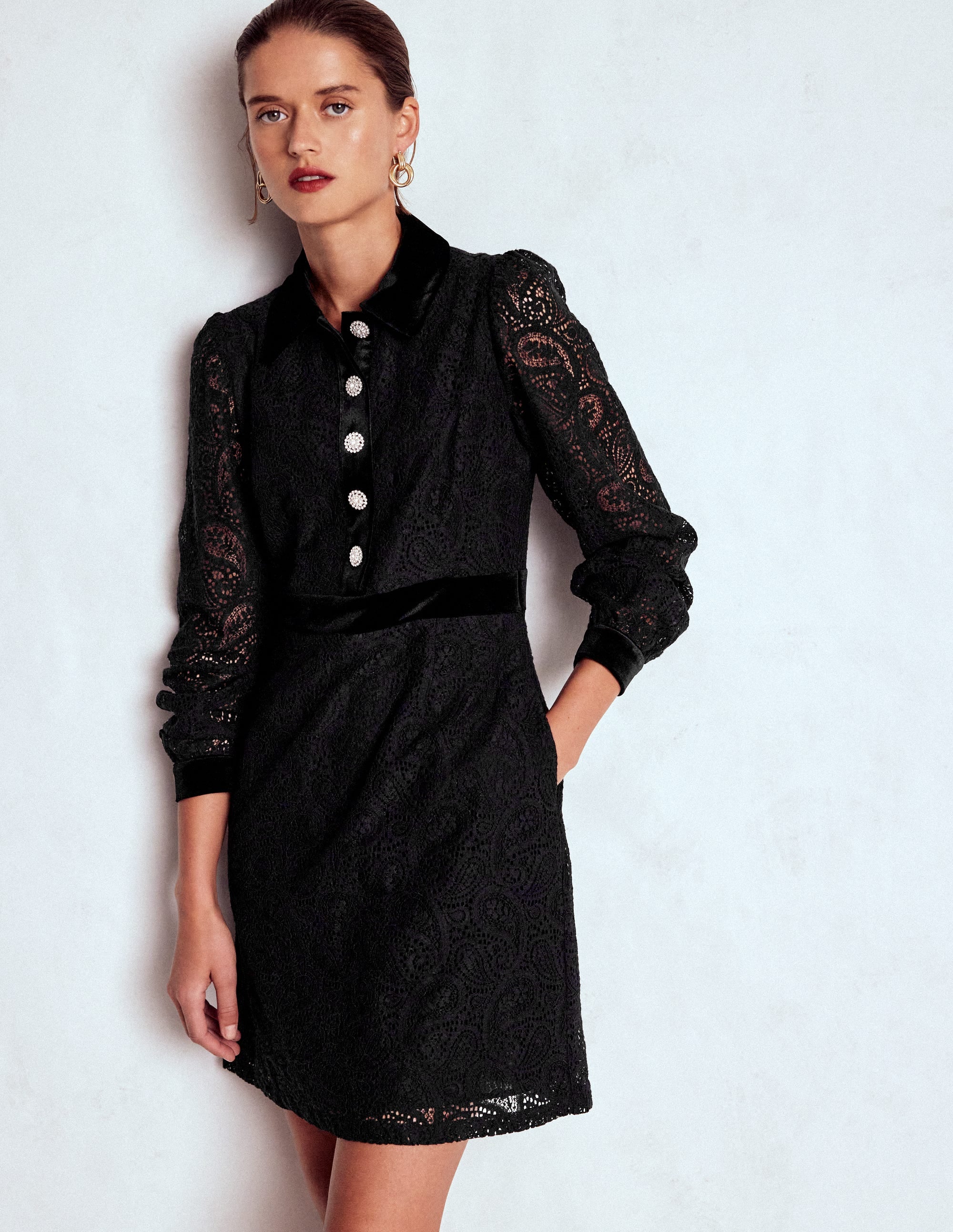 Collar Button Lace Dress-Black - Image 1