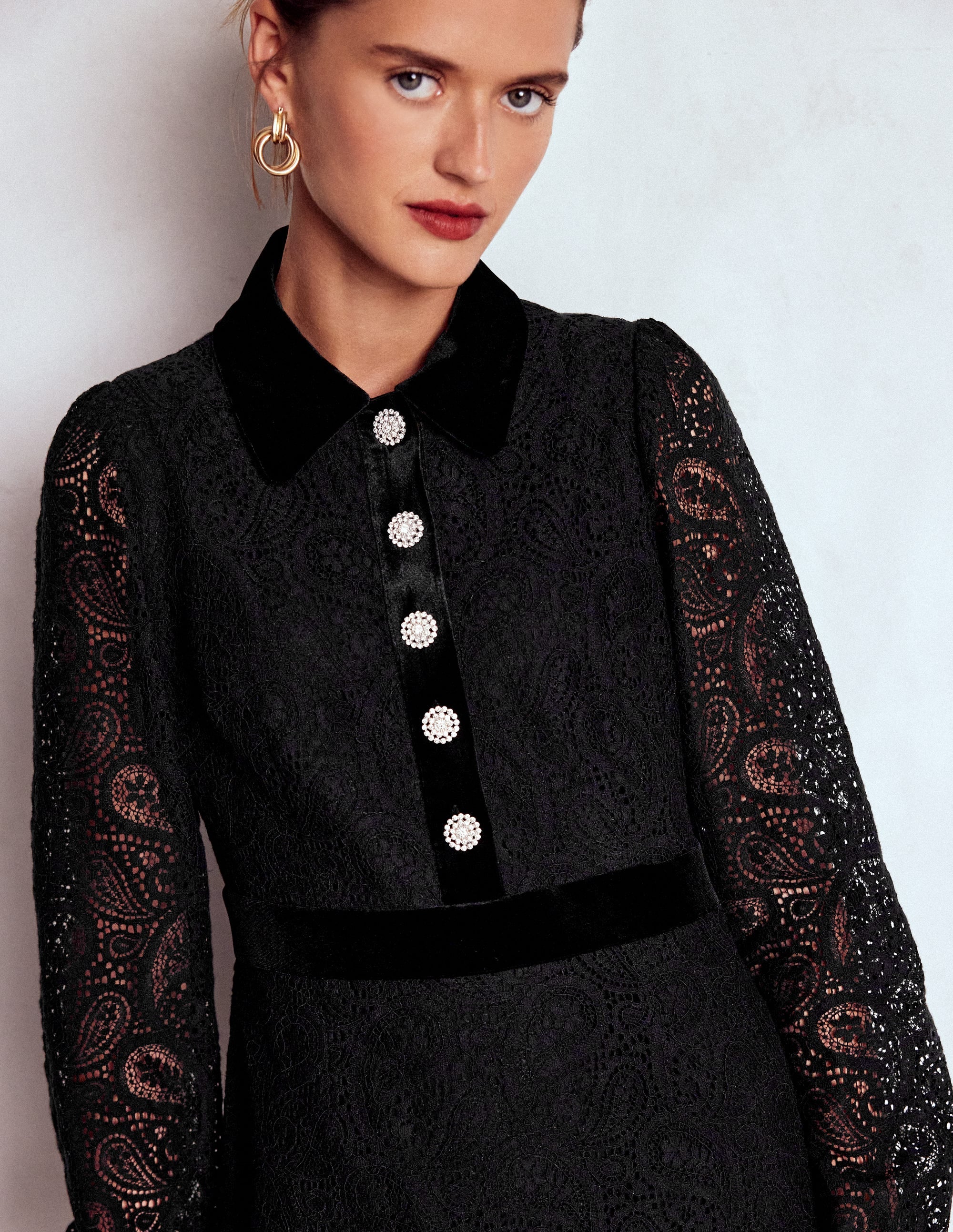 Collar Button Lace Dress-Black - Image 2