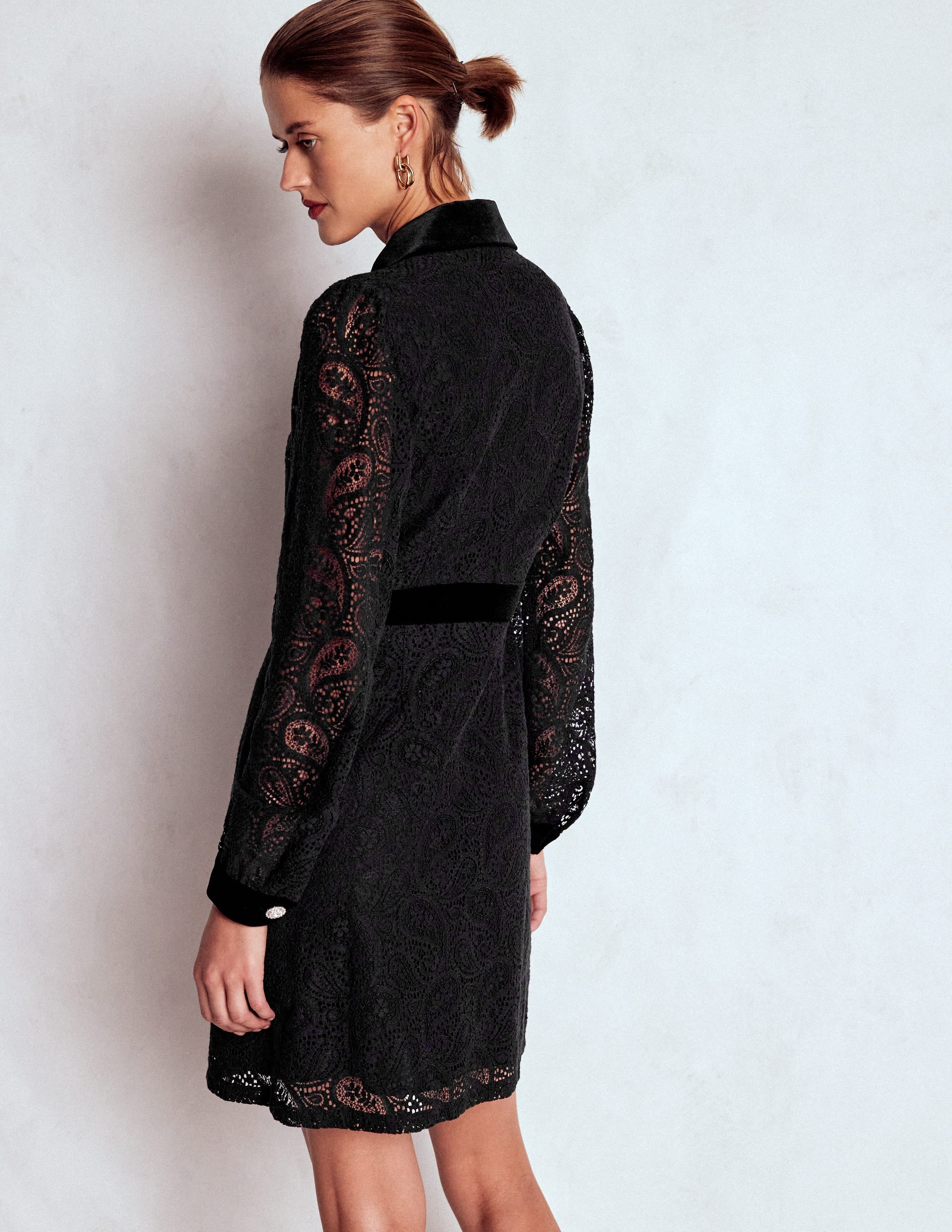 Collar Button Lace Dress-Black - Image 3