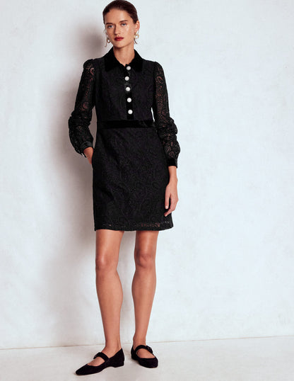 Collar Button Lace Dress-Black-4