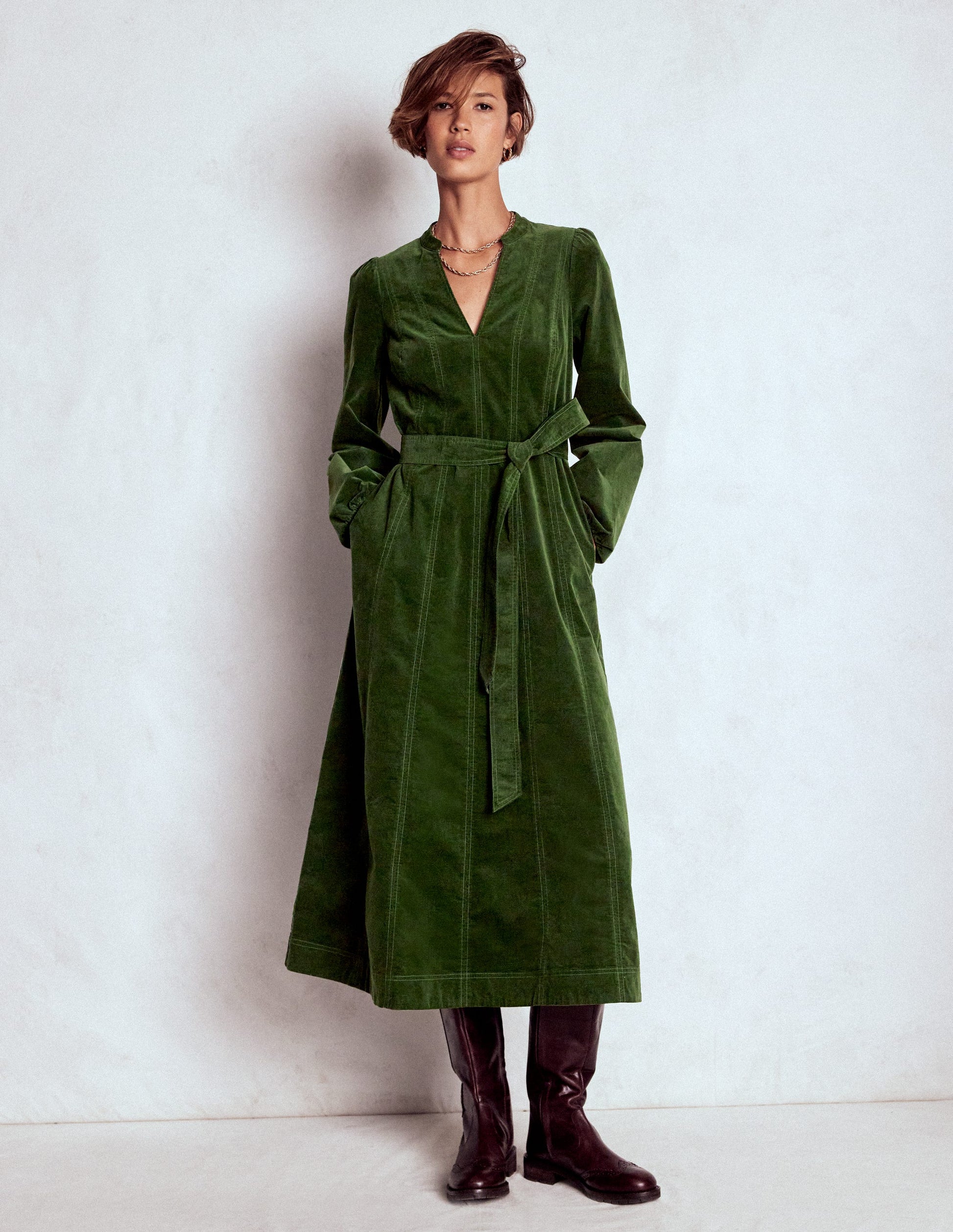 Ros Panelled Cord Midi Dress-Green Fir | Boden UK Ros Panelled Cord Midi Dress-Green Fir | Boden UK