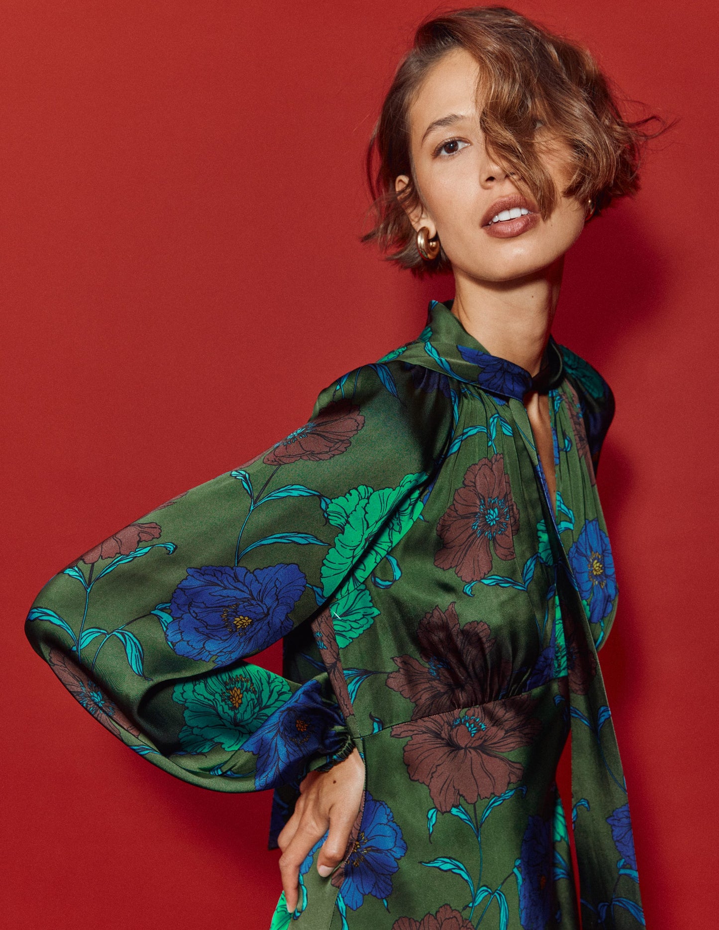 Tie Neck Satin Midi Dress-Green Fir, Peony Bloom