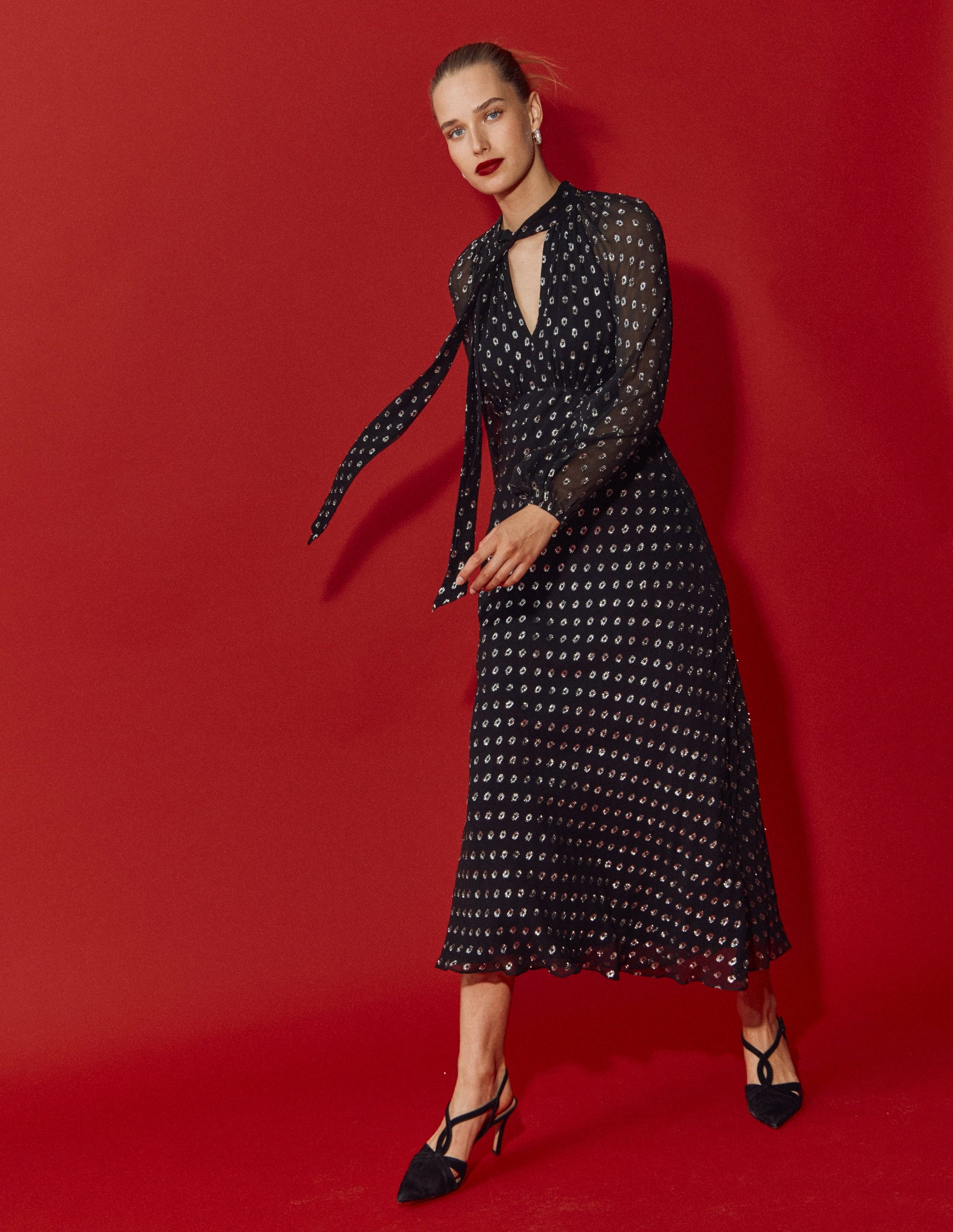 tie neck dress Tie Neck Midi Dress-Black and Silver Clip