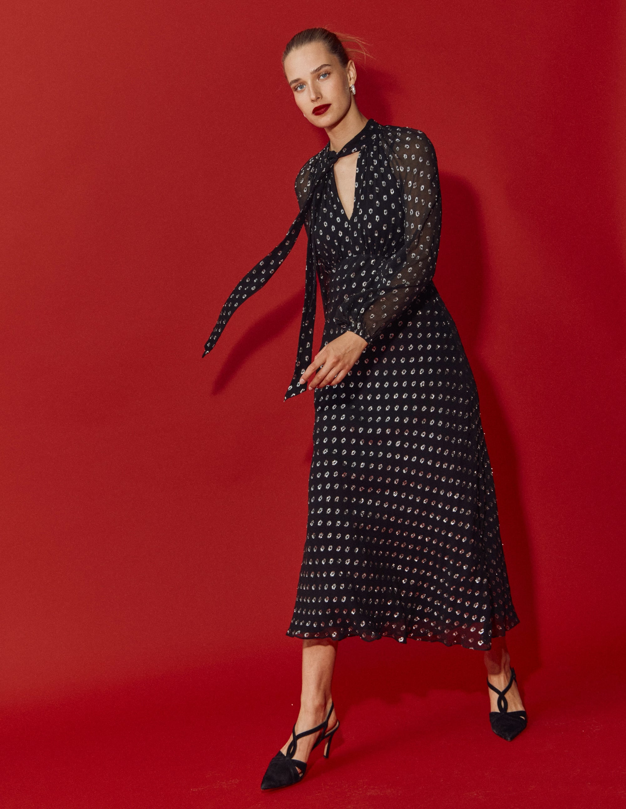 Tie Neck Midi Dress-Black and Silver Clip - Image 6