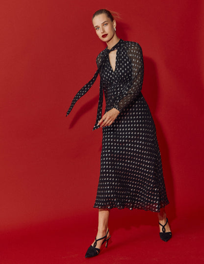 Tie Neck Midi Dress-Black and Silver Clip-6