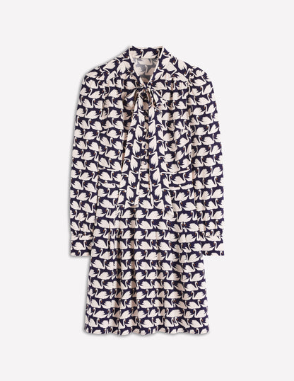 Tie Neck Short Dress-French Navy, Geo Swan-7