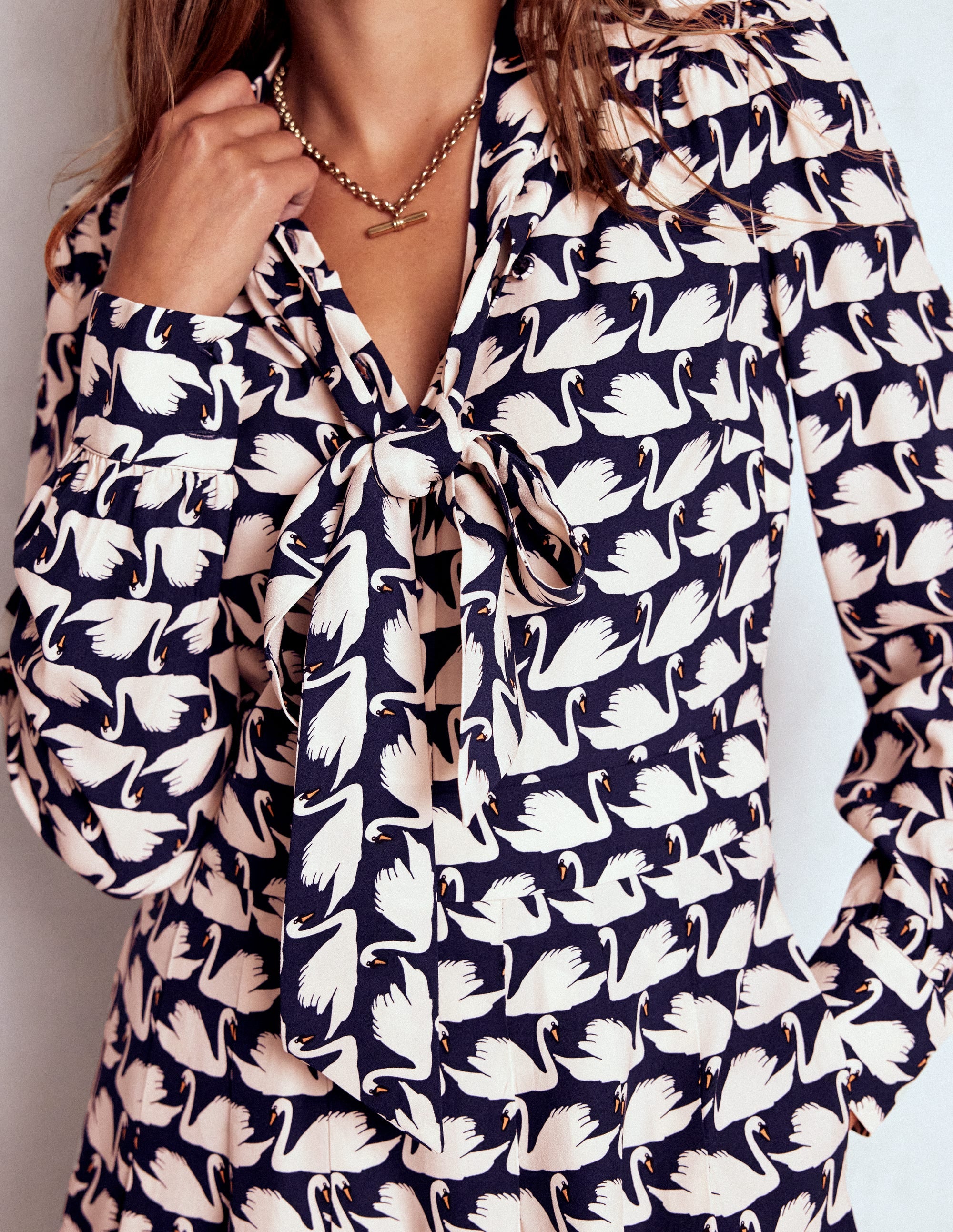 mini boden swan dress Tie Neck Short Dress - French Navy, Geo Swan