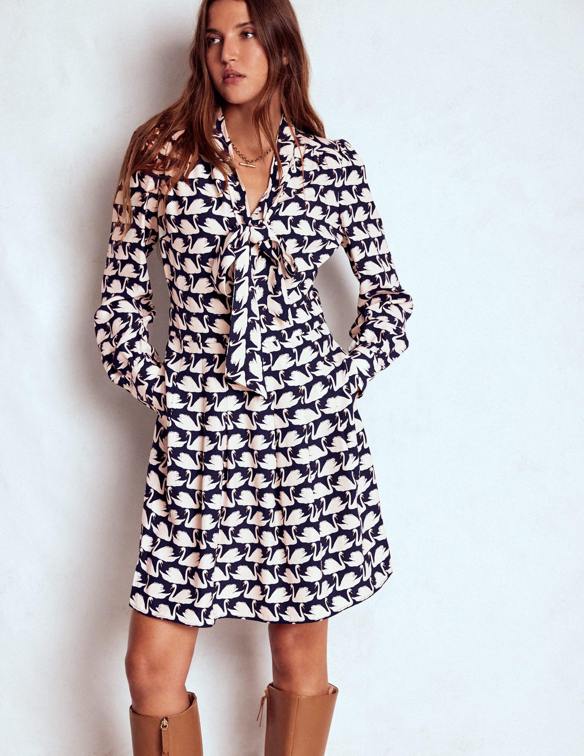 mini boden swan dress Tie Neck Short Dress - French Navy, Geo Swan
