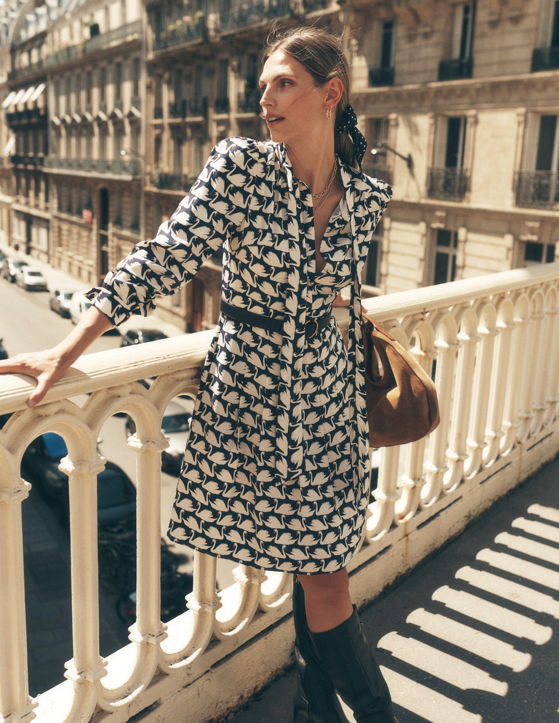 mini boden swan dress Tie Neck Short Dress - French Navy, Geo Swan