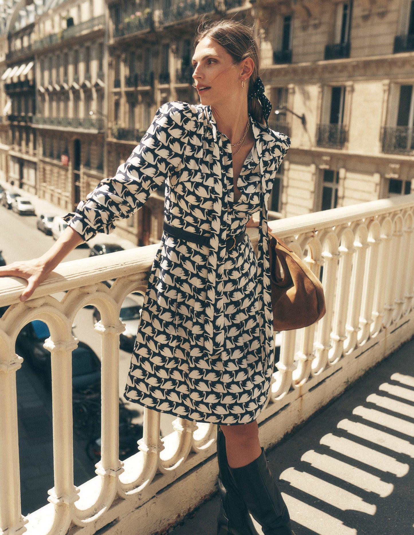 Tie Neck Short Dress-French Navy, Geo Swan