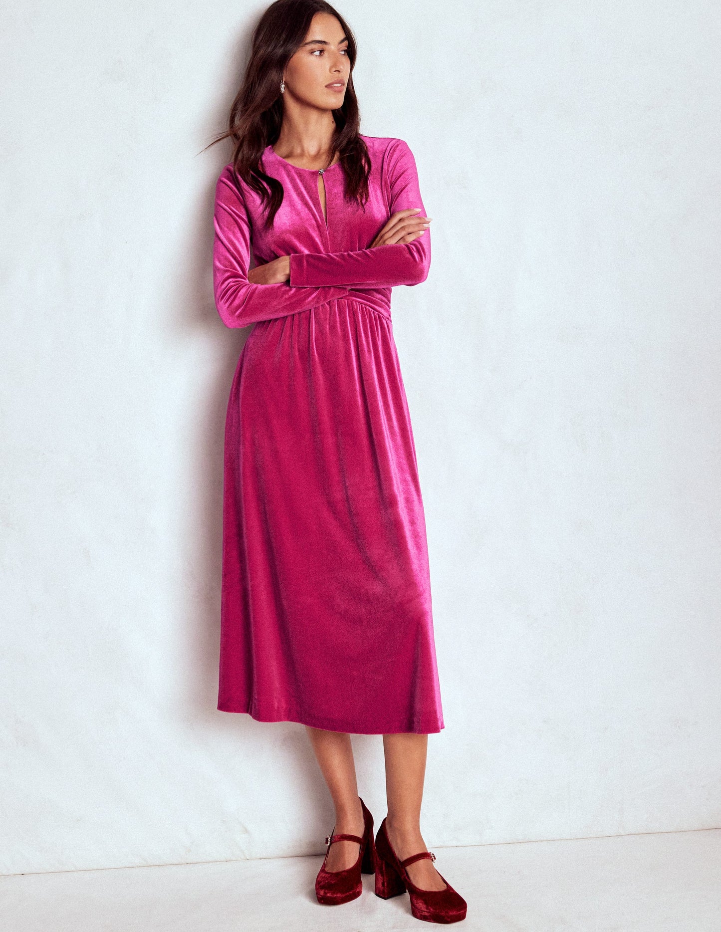 Tilda Velvet Midi Dress-Vibrant Pink