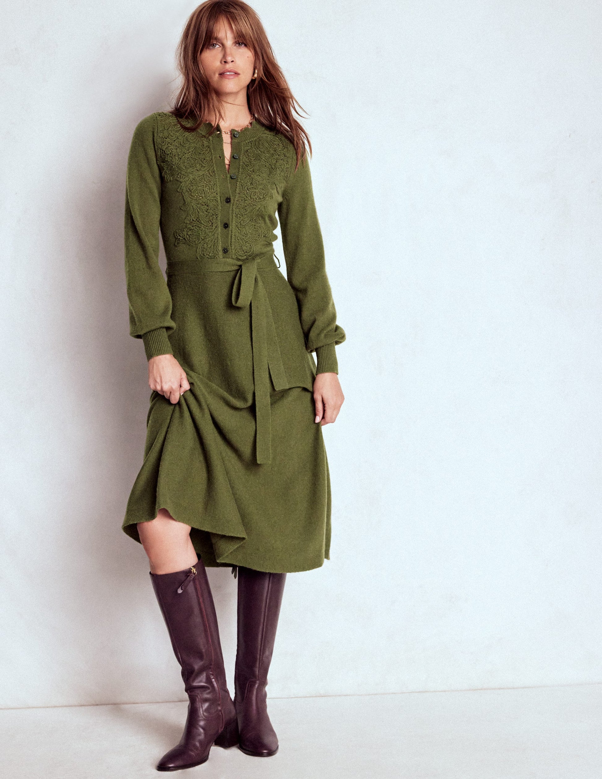 Lace Insert Knitted Midi Dress-Forest Glade-1